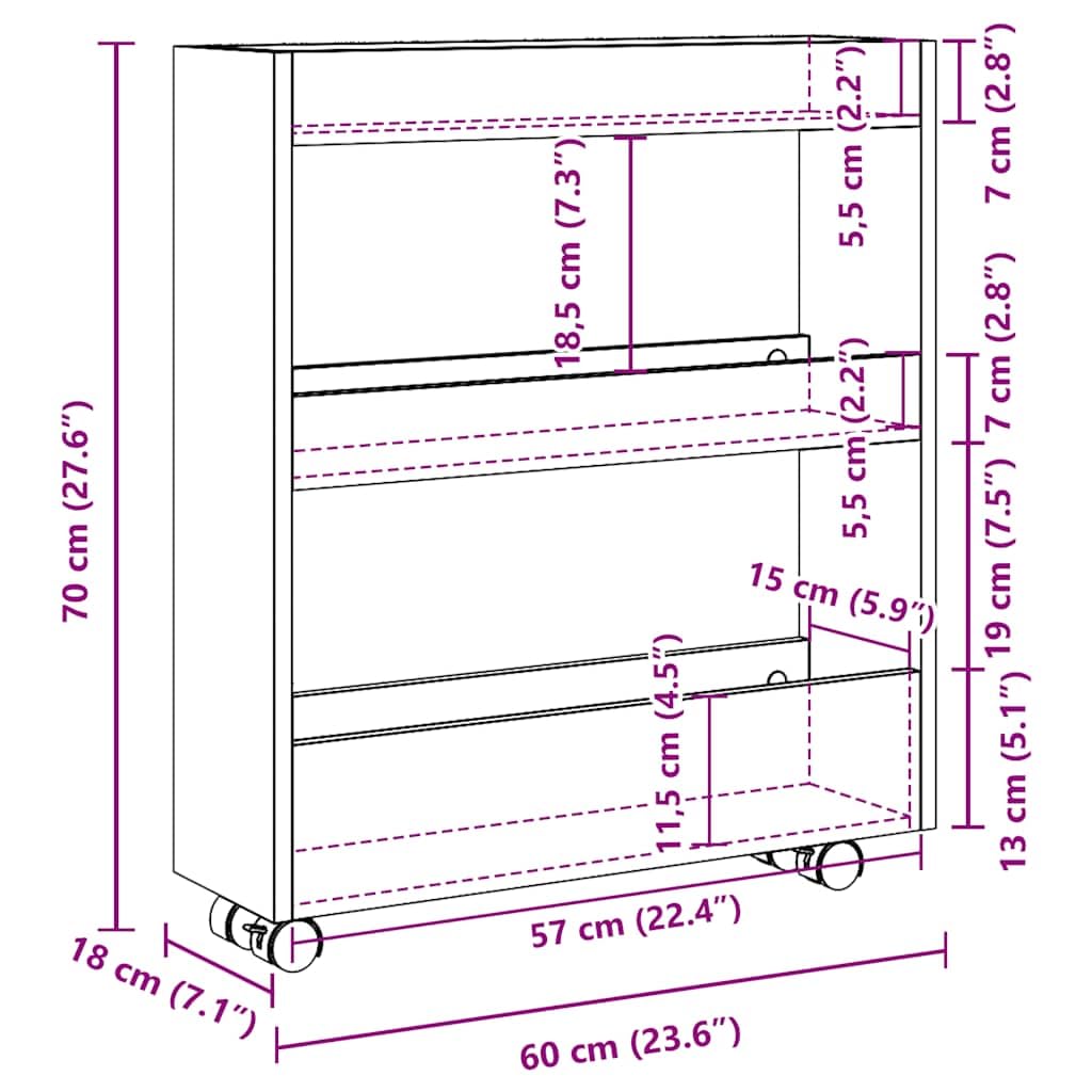 Carro de almacenamiento estrecho de 3 pisos, roble ahumado, material de madera con ruedas, carrito de cocina para cocina y comedor, carrito con ruedas para ahorrar espacio, con espacio de