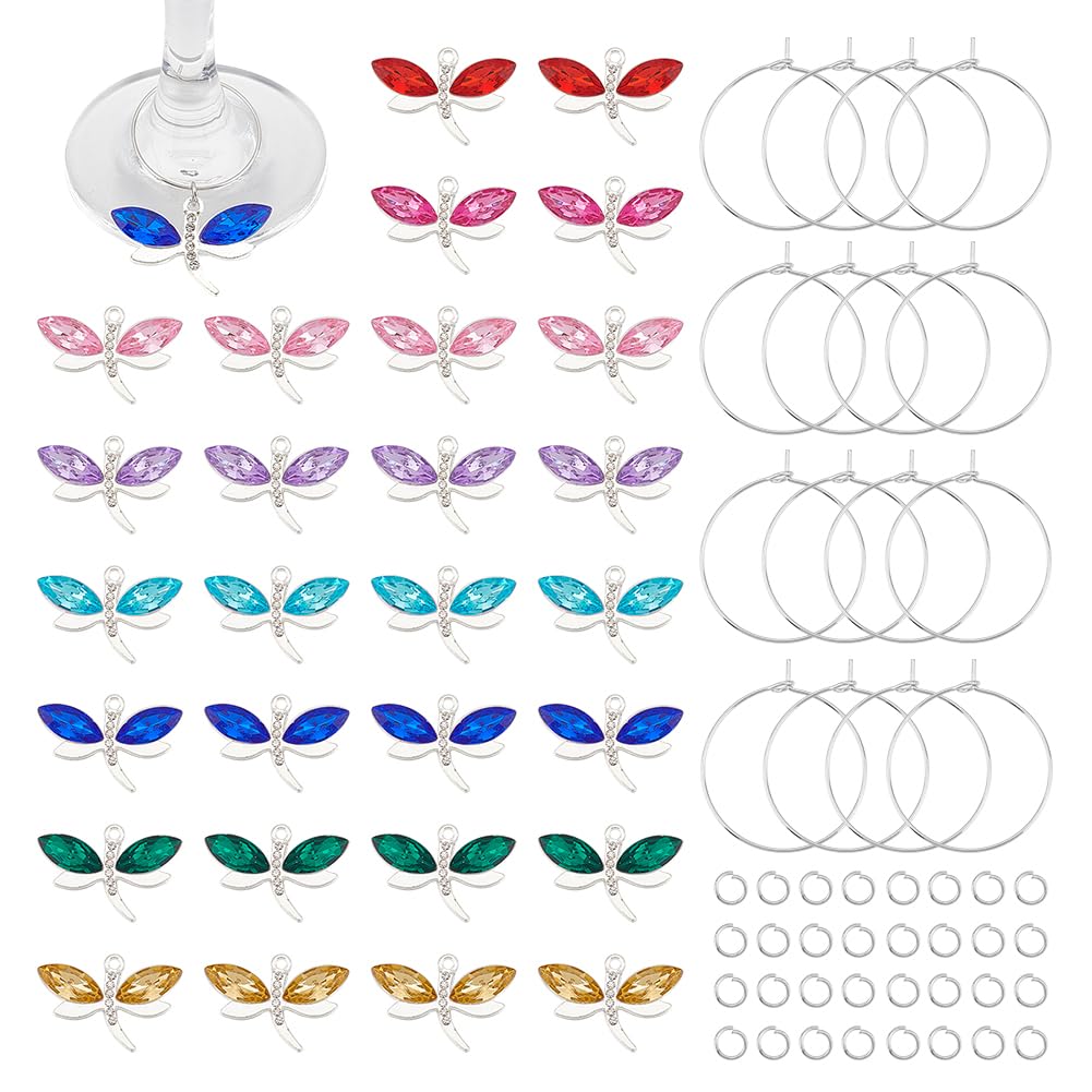 Kit de marcadores para copas de vino con dijes de libélula y anillos de aleación 7