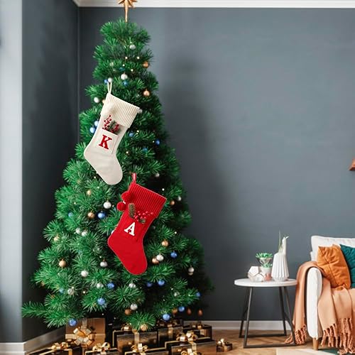 Miniatura 6 de CRSMHLPK Calcetín de Navidad con inicial, de 20 pulgadas, con monograma, blanco con letras bordadas rojas, decoraciones de Navidad 02-F-Blanco