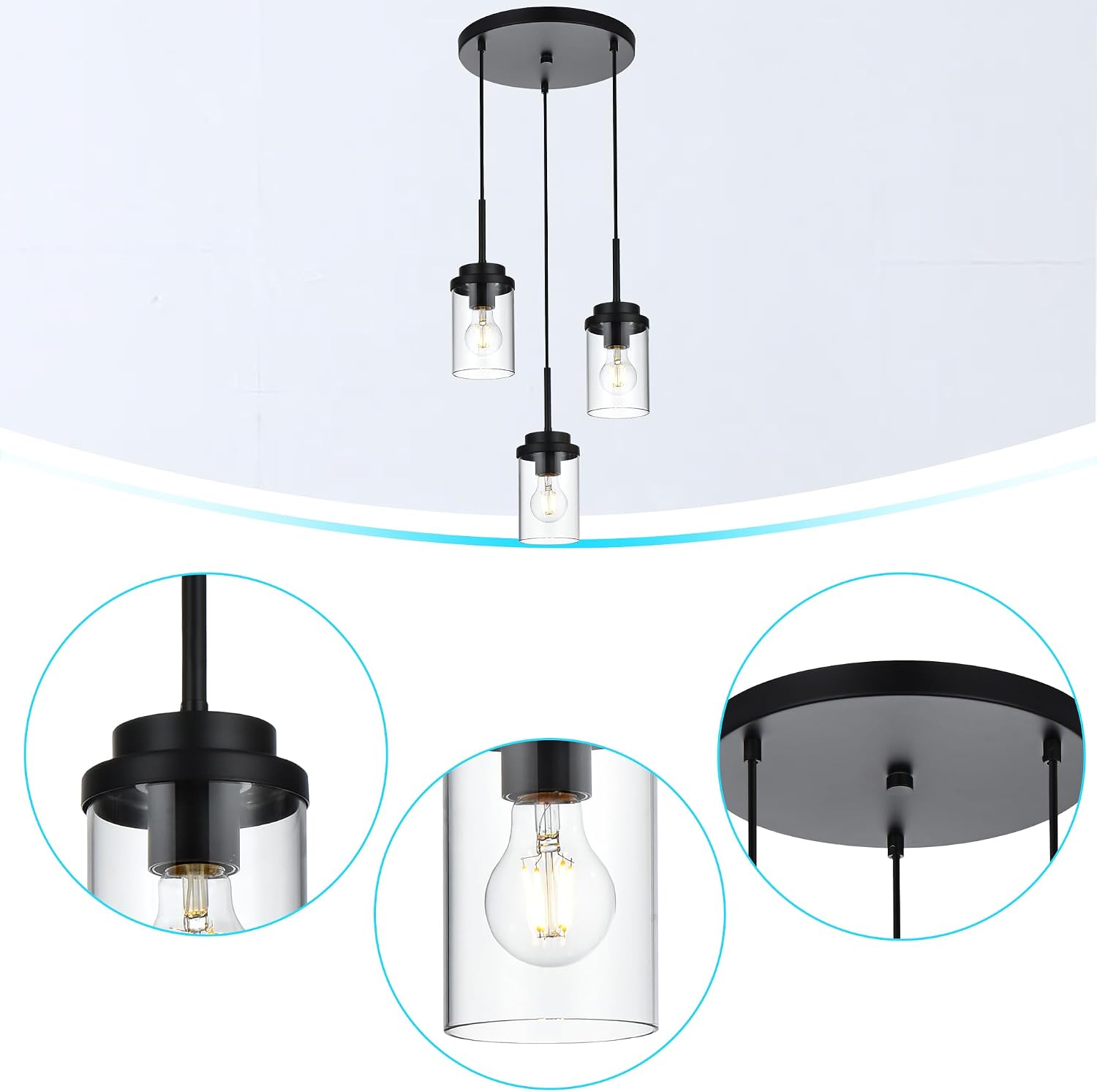 BONLICHT 3 Light Kitchen Island Pendant Light Fixtures Ceiling Hanging Black Cluster Chandelier with Clear Glass Shade, Modern Pendant Lighting Foyer Chandeliers for Dining Room Living Room Staircase