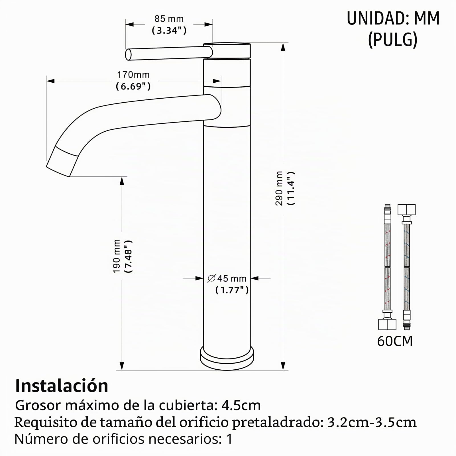 Grifo de lavabo Baño,Alto Caño Grifo Lavabo,Grifo Monomando giratorio de 360°,Agua Fría y Caliente Disponible,Cepillado,5M2OK-T