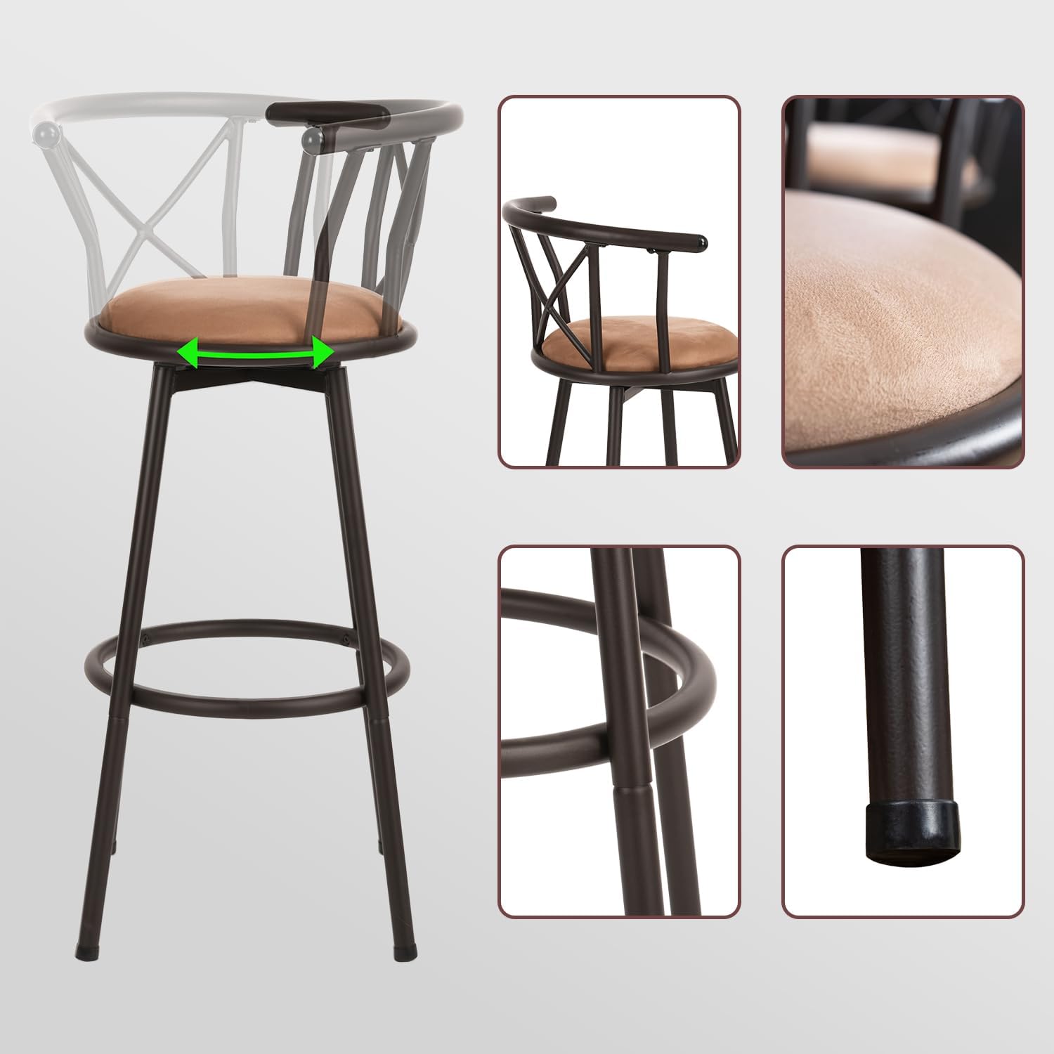 MEUBLE COSY Lot de 2 Chaises de Bar pivotant sur 360°, Tabourets Hauts Vintage, avec Dossier et Repose-Pieds, Siège de 75,5 cm de Haut, Style Industriel, Marron Rustique et Noir