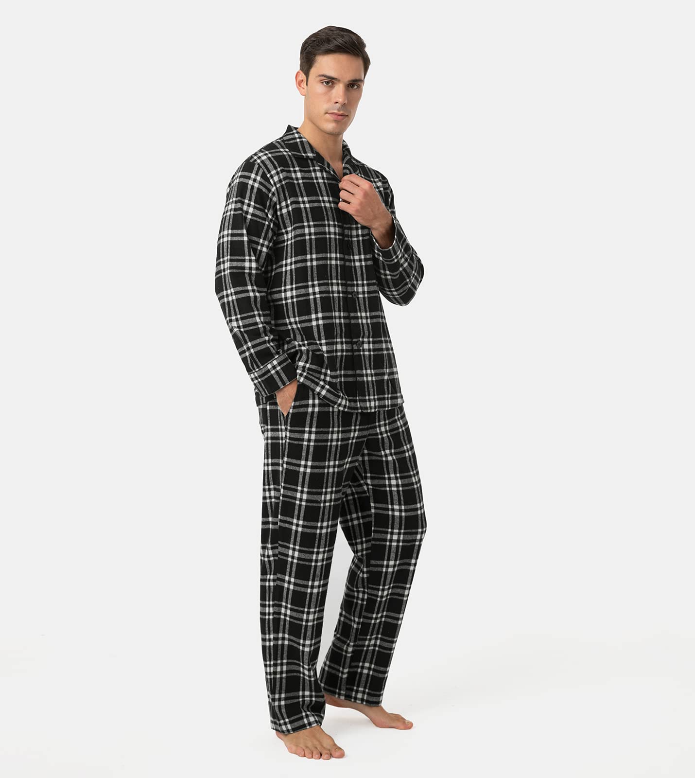 LAPASA 100% Cotone Flanella Completo Pigiama da Uomo a Quadri con Tasche e Coulisse, Set Maglia & Pantaloni M95