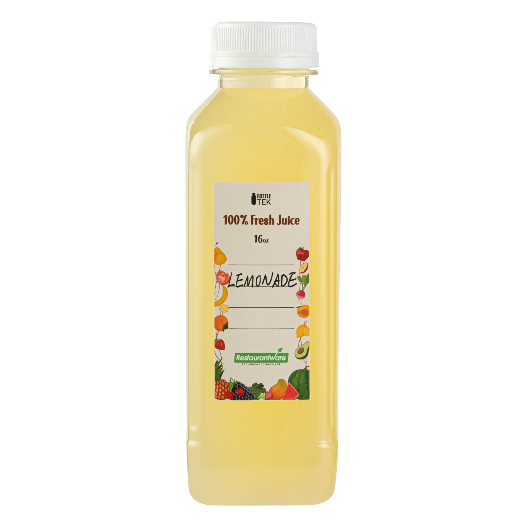 Restaurantware Botella Tek de 16 onzas para jugo, 1 botella con tapa, incluye etiqueta, tapa, cepillo y embudo, recipiente vacío de plástico transparente, para batidos, leche o agua