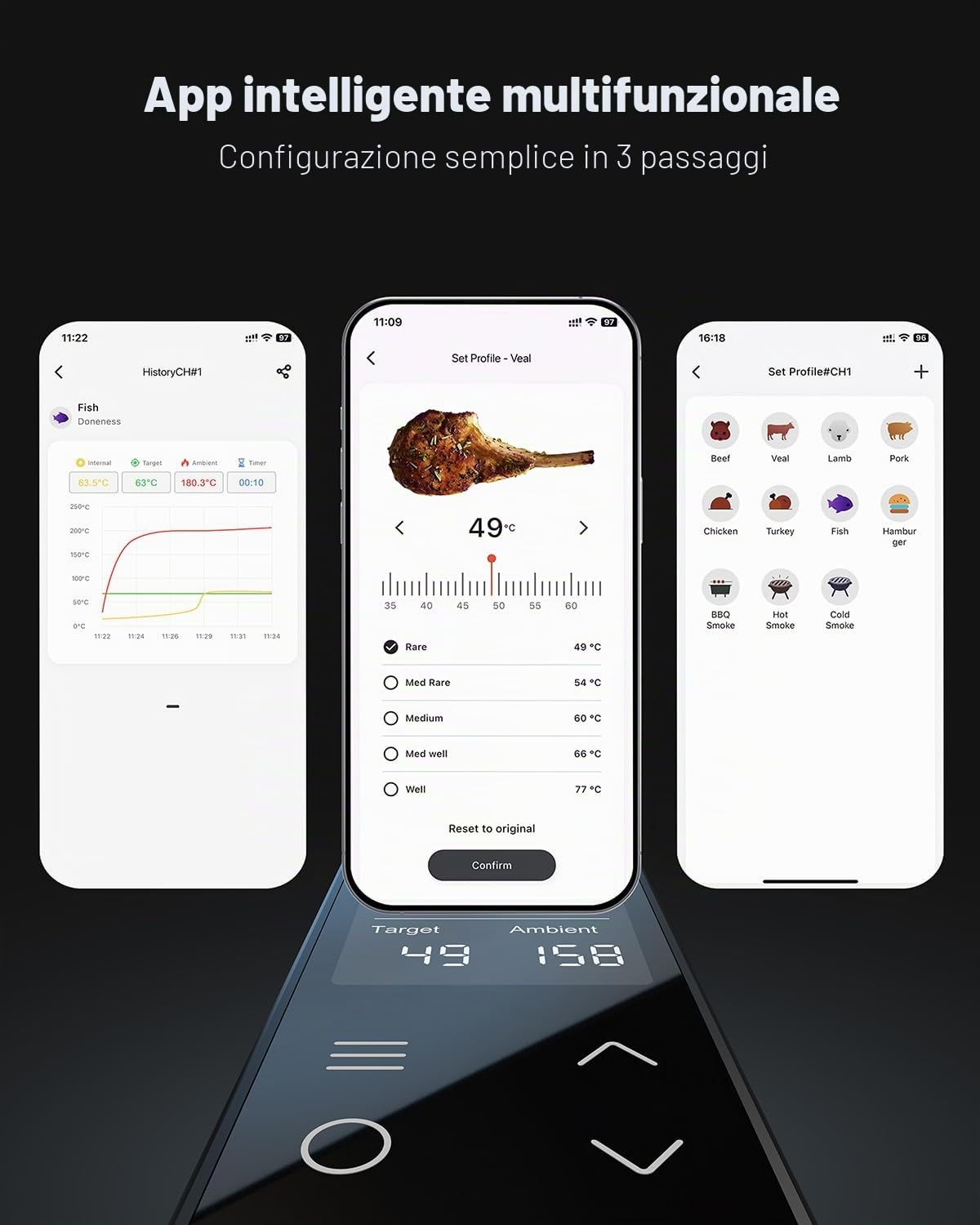 BFOUR Termometro per carne, WiFi e Bluetooth, termometro per barbecue con 6 sensori, 3 modelli Connect, controllo app, impermeabile IP67, termometro per arrosto per affumicatore, barbecue, forno e