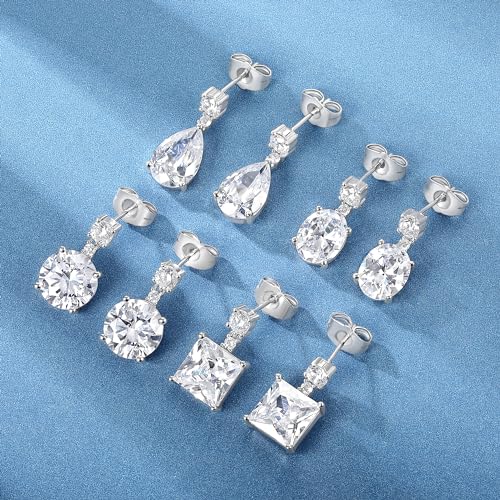 MDFUN 4 Pairs Teardrop Dangle Earrings Set for Women, 18K Gold Plated Round Princess Cut Clear Cubic Zirconia Tear Drop Dangle Earrings Hypoallergenic Jewelry4