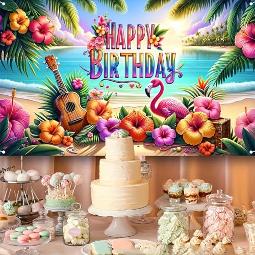 Image of HOMETITUTE Hawaiian Birthday Banner 71x43 Inch Luau Party Decorations | Hawaiian Party Decorations Tropical Backdrop Summer Backdrop for Pool Party Backyard Summer Beach Outdoor Photo Booth