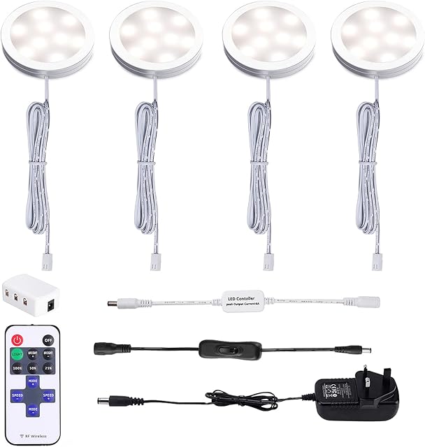 AIBOO Under Cabinet Lighting - Dimmable Cupboard Lights with Remote Control & 4 Pack Under Counter Lighting Kit Display Kitchen Light for Closet Showcase Bookshelf Wardrobe (4000K Nature White)