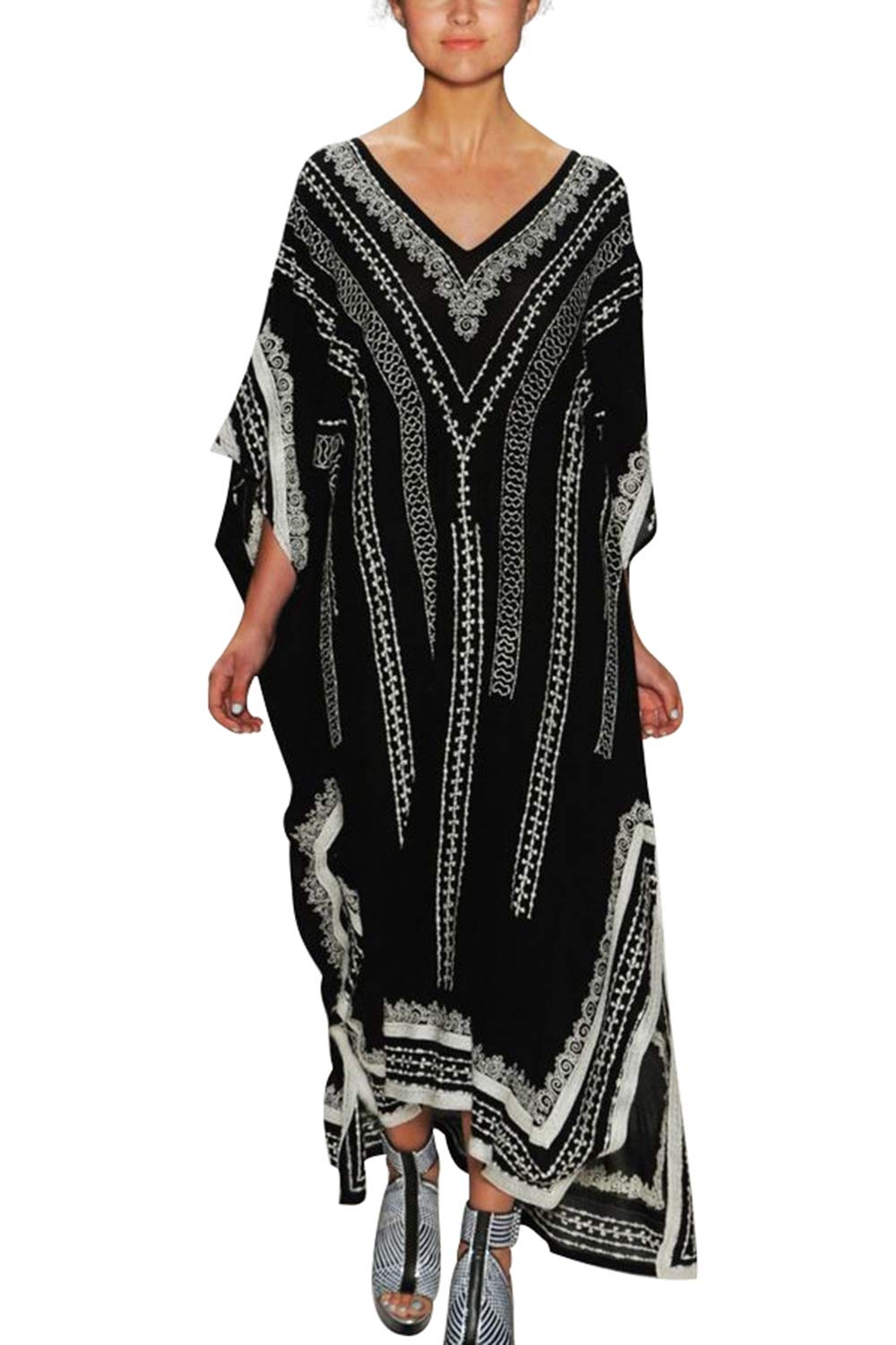 YouKD Women's Summer Long Kaftan Maxi Bohemian Dress Beach Coverups Bikini Robe Loungewear One Size Black White