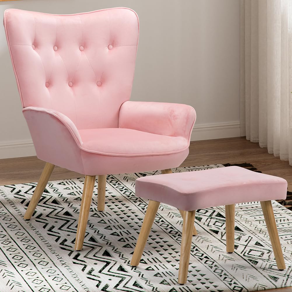 BAKAJI Poltrona con Sgabello da Soggiorno, Poltroncina con Pouf Poggiapiedi da Salotto, Sedia per Camera da Letto Imbottita con Rivestimento in Velluto Morbido, Braccioli Alti, Design Moderno (Rosa)