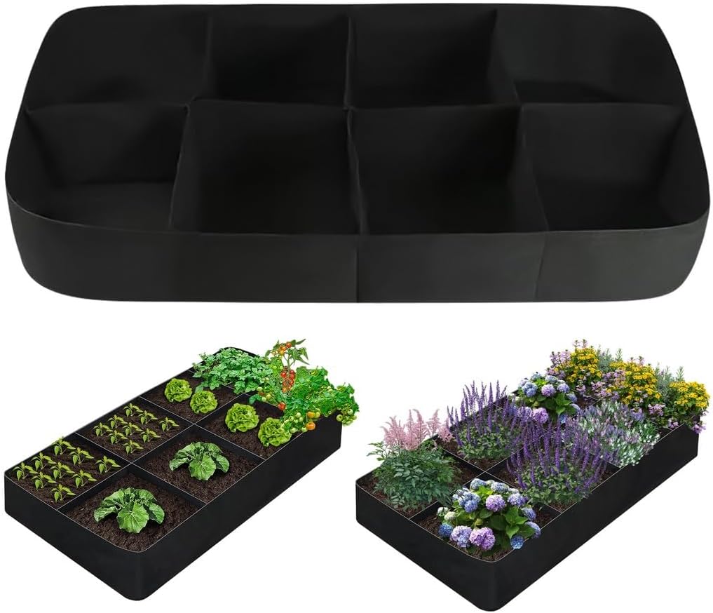 Rectangle Raised Garden Bed, 128 Gallon Fabric Planter With 8 Dividers For Growing Vegetables & Flowers