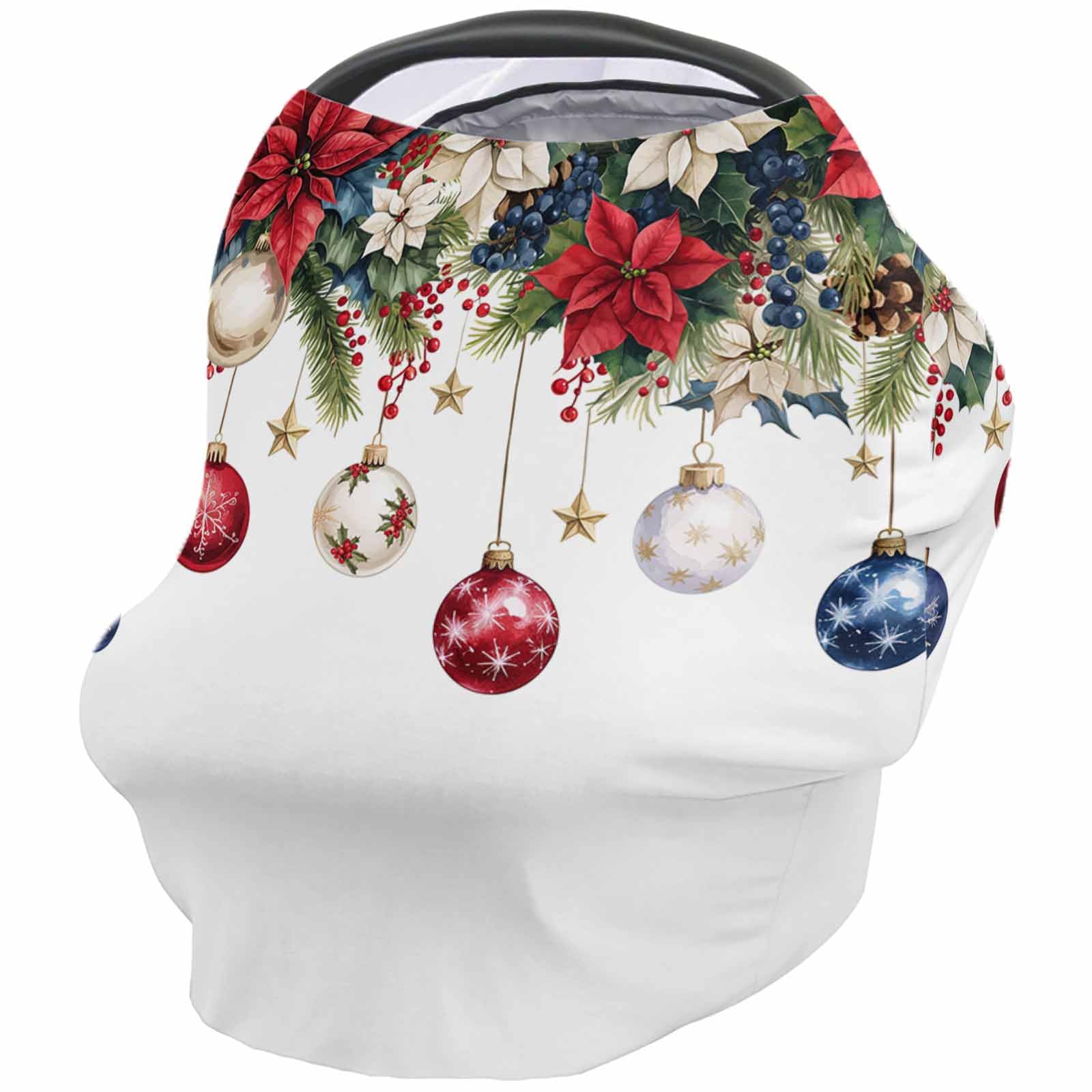Nursing Cover for Breastfeeding Scarf, Merry Christmas Poinsettia Blue Berry Ball Baby Car Covers Super Soft Multi Use for Canopy Shopping Cart Cover Blanket Stroller Cover
