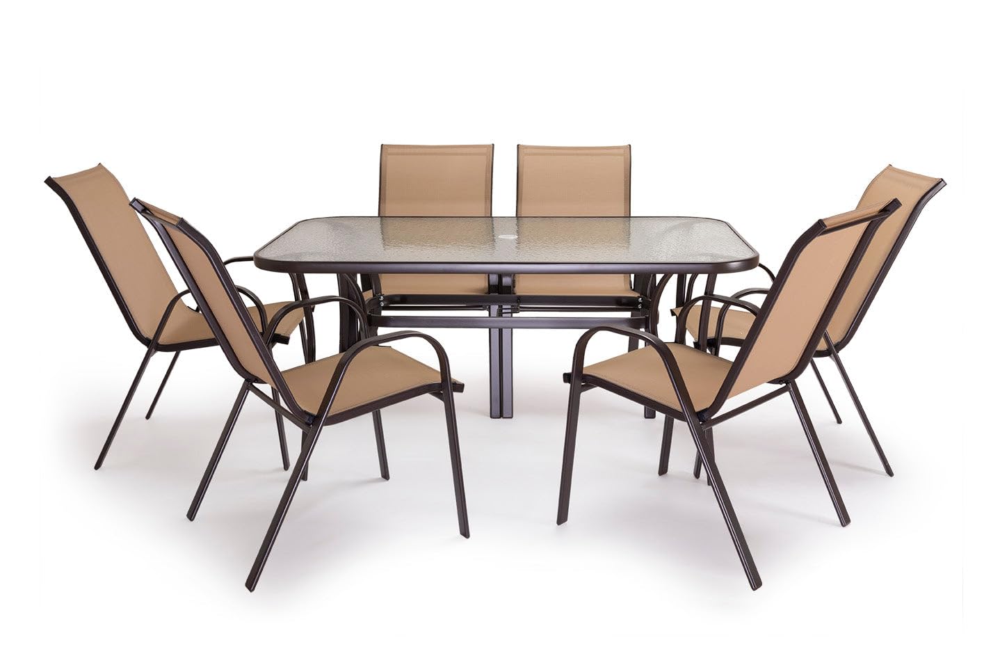 S & S Saldos y Stocks Mesa de Cristal Templado HC + 6 Sillas. Muebles de Jardin y Terraza, Marron