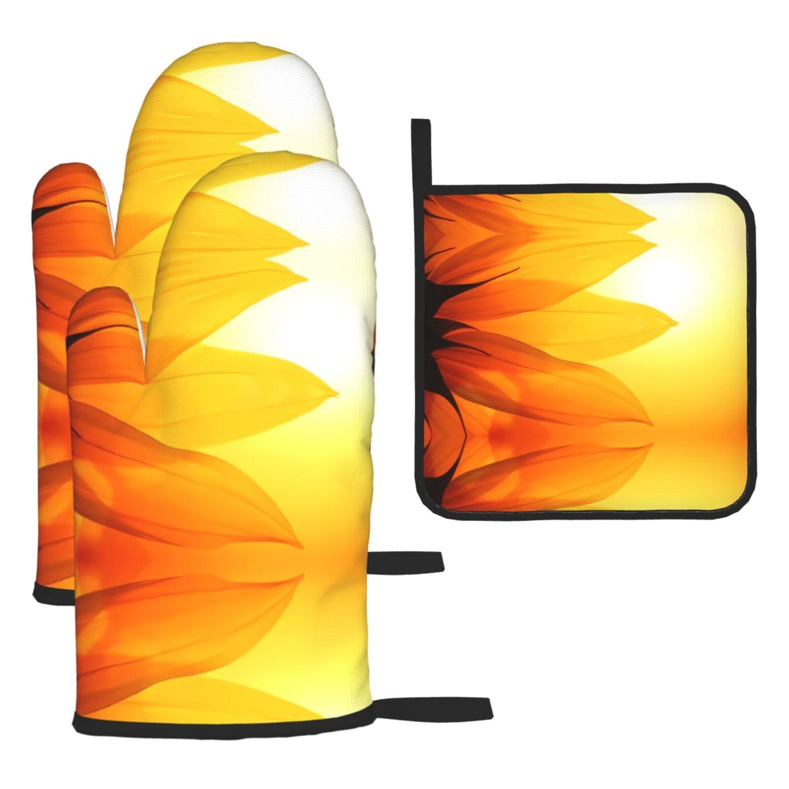 Sunflower and sunset Printed Oven Mitt Set 3-Piece | Heat Resistant Gloves & Pot Holder Mat for Cooking, Baking & BBQ