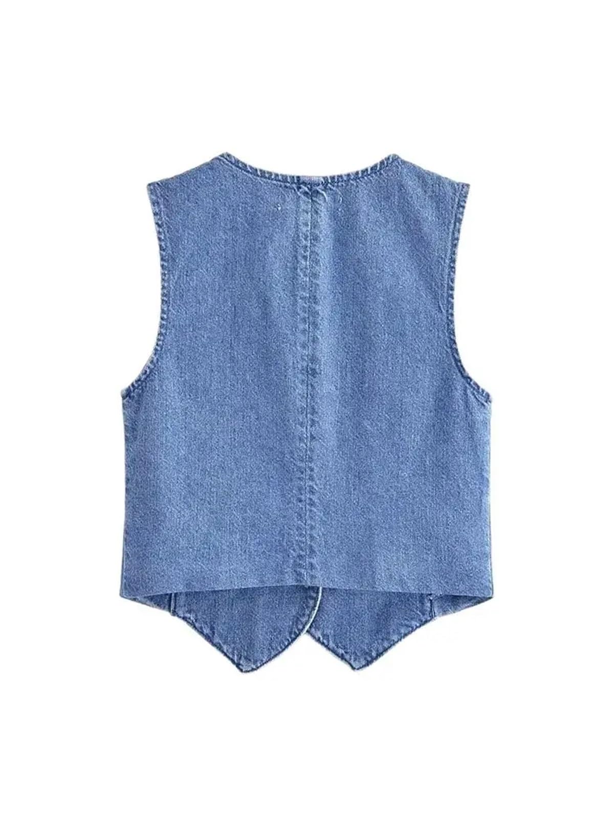 Maniche Vintage Gilet Di Jeans Gilet in denim con bottoni frontali, stile vintage, scollo a V, senza maniche, elegante, da donna