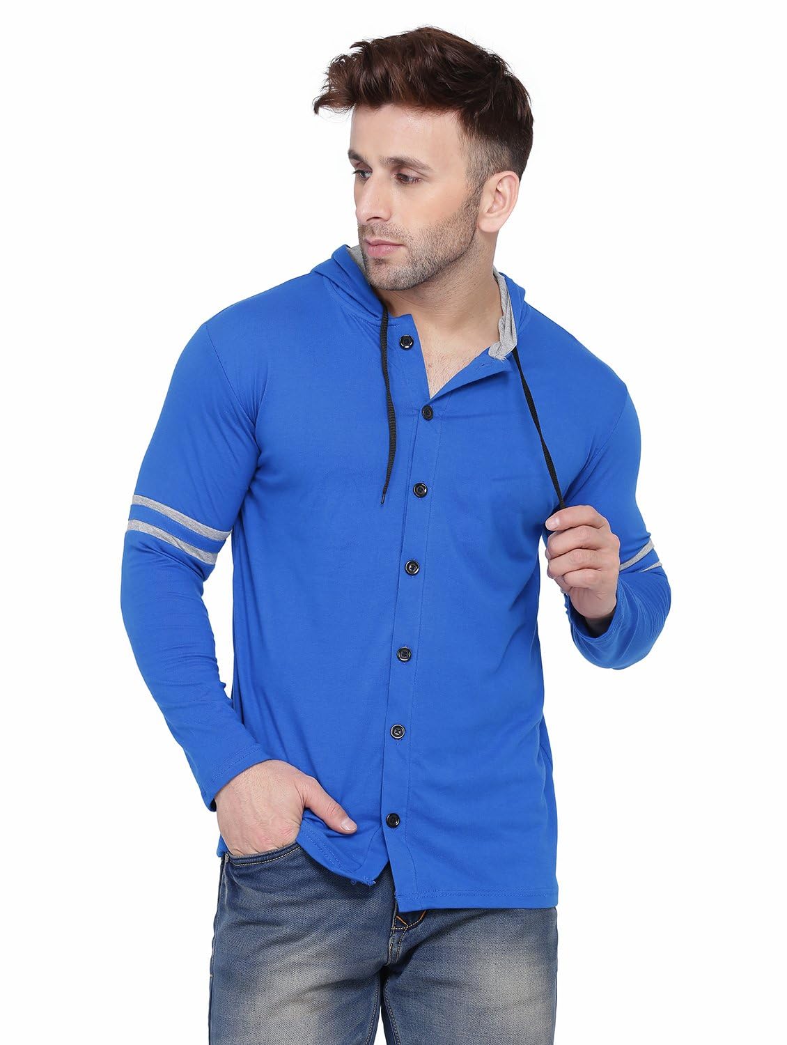 Blisstone Men’s Full Sleeve Hooded T-Shirt with Button Closure & Contrast Striped Sleeves | Stylish Cotton Blend Hoodie for Casual & Sportswear Blue Blisstone Men’s Full Sleeve Hooded T-Shirt with Button Closure & Contrast Striped Sleeves | Stylish Cotton Blend Hoodie for Casual & Sportswear Blue