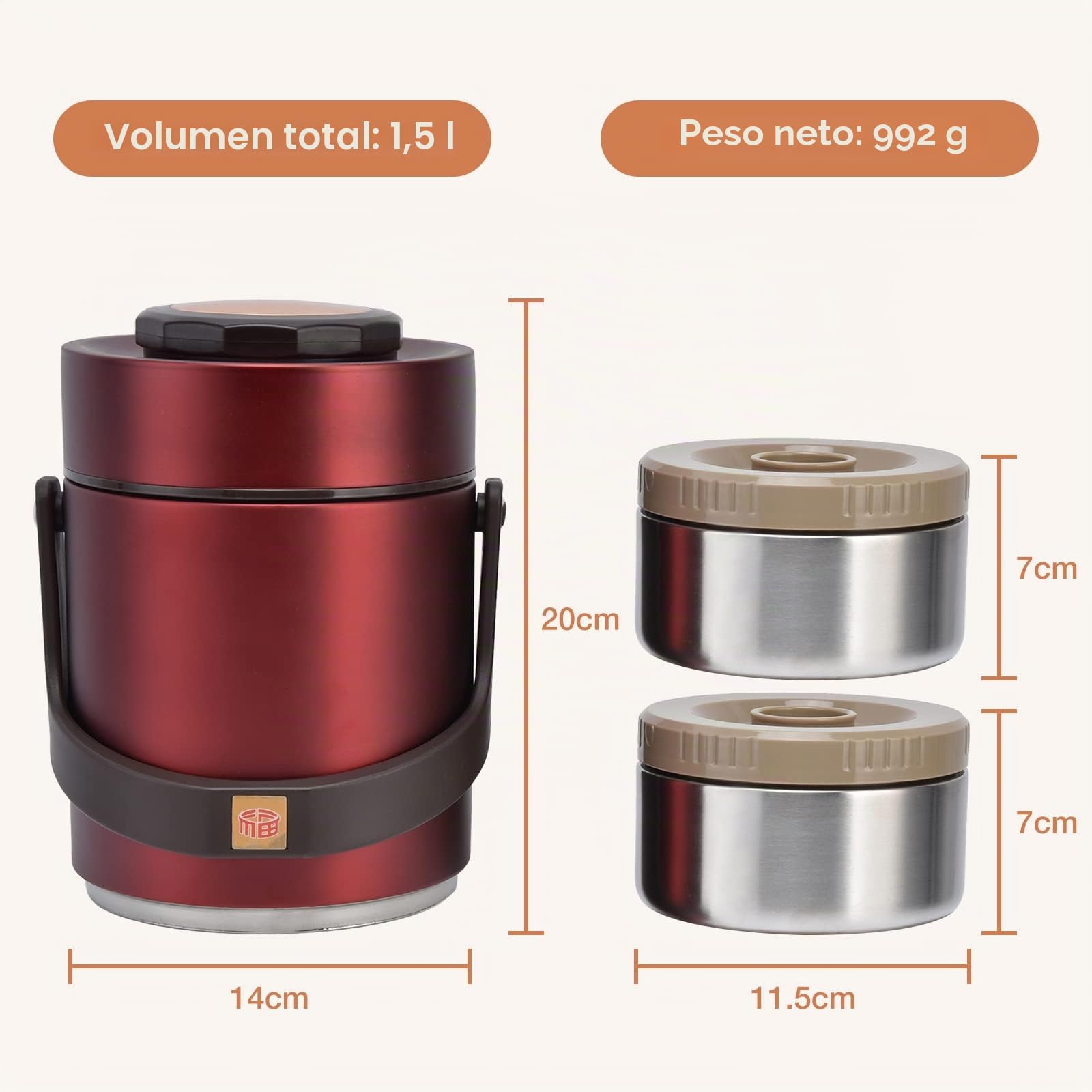 Tarro de Comida Aislado, Fiambrera Portátil de Acero Inoxidable con Tecnología de Doble Pared, 1.5 L, 3 Niveles, con Bolsa de Almuerzo, para Adultos y Estudiantes