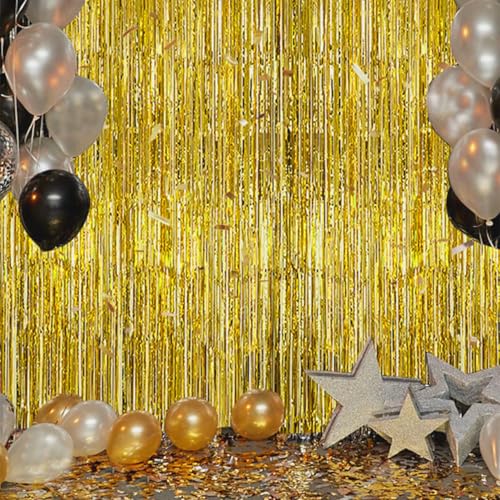 Image of DECOCKRAT 3 Pack Foil Fringe Backdrop - Laser Gold Shiny Tinsel Curtains for Party Decoration /Photo Booth Props - 3.3x8.2 FT Metallic Foil Backdrop for Birthday, Wedding, Graduation, Christmas.