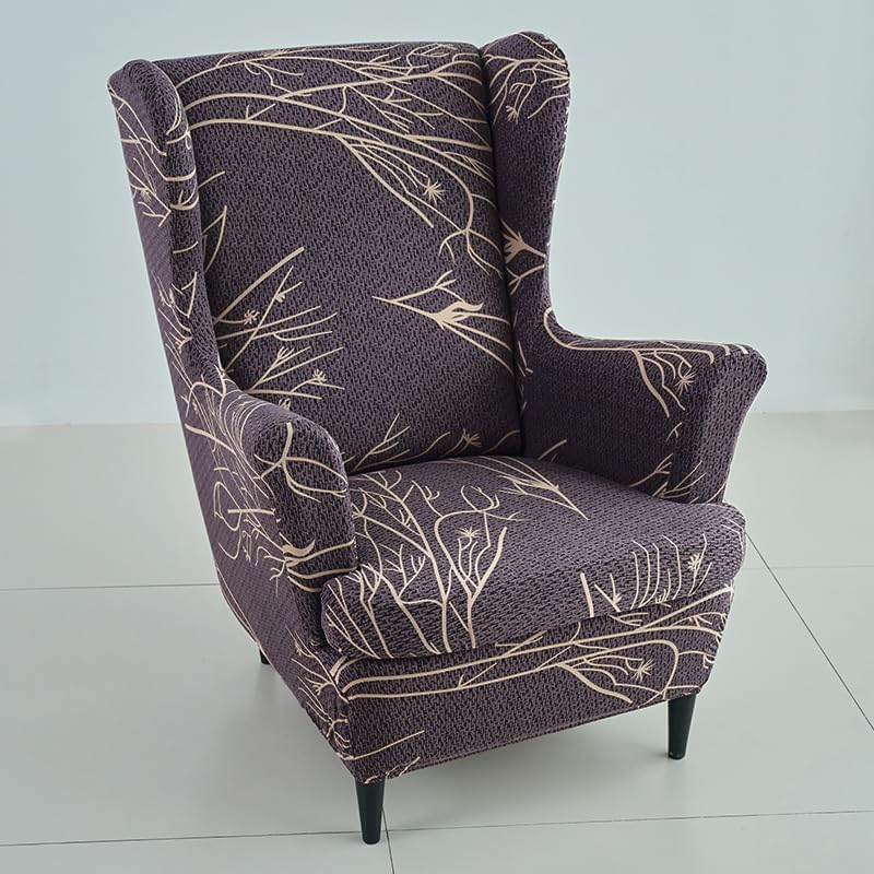 Image of HOKIPO 140 GSM Fully Covered Wingback Chair Cover, Dark Coffee Twigs (NEW-5135-D2)