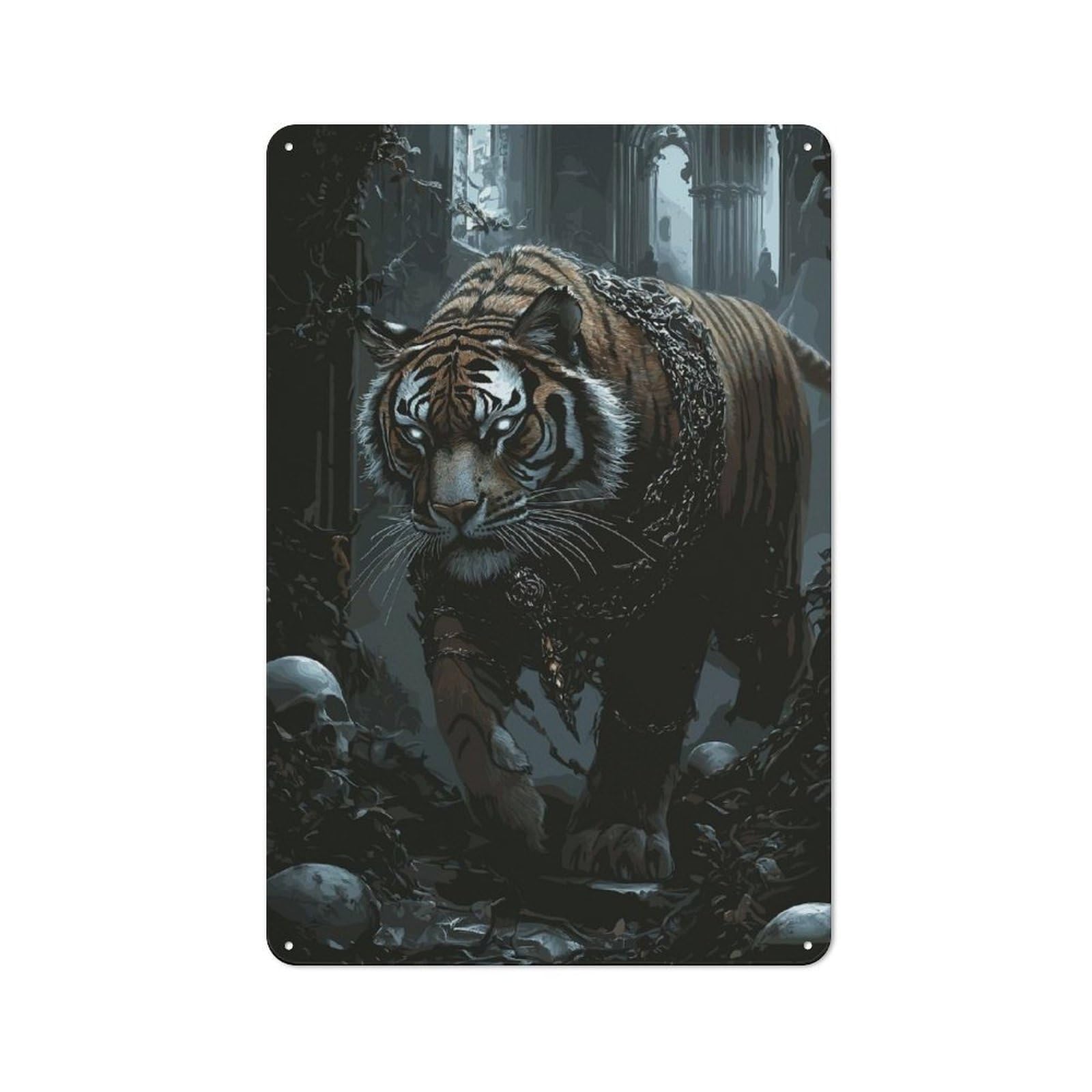 Junmoney Chained Tiger In Ruins Printed Metal Sign 30X20cm For Café Or Restaurant, New-Space Wall Decor For Café Owners And Decorators