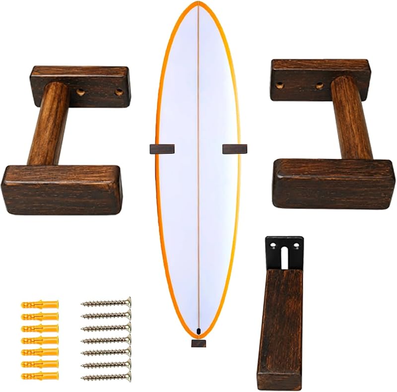 NANGOPOP Soporte de pared para tabla de surf de madera, soporte de almacenamiento vertical para tabla de surf de 3 piezas, colgador resistente de madera y metal de primera calidad para tablas cortas, longboards, funboards y wakeboards, 1 juego