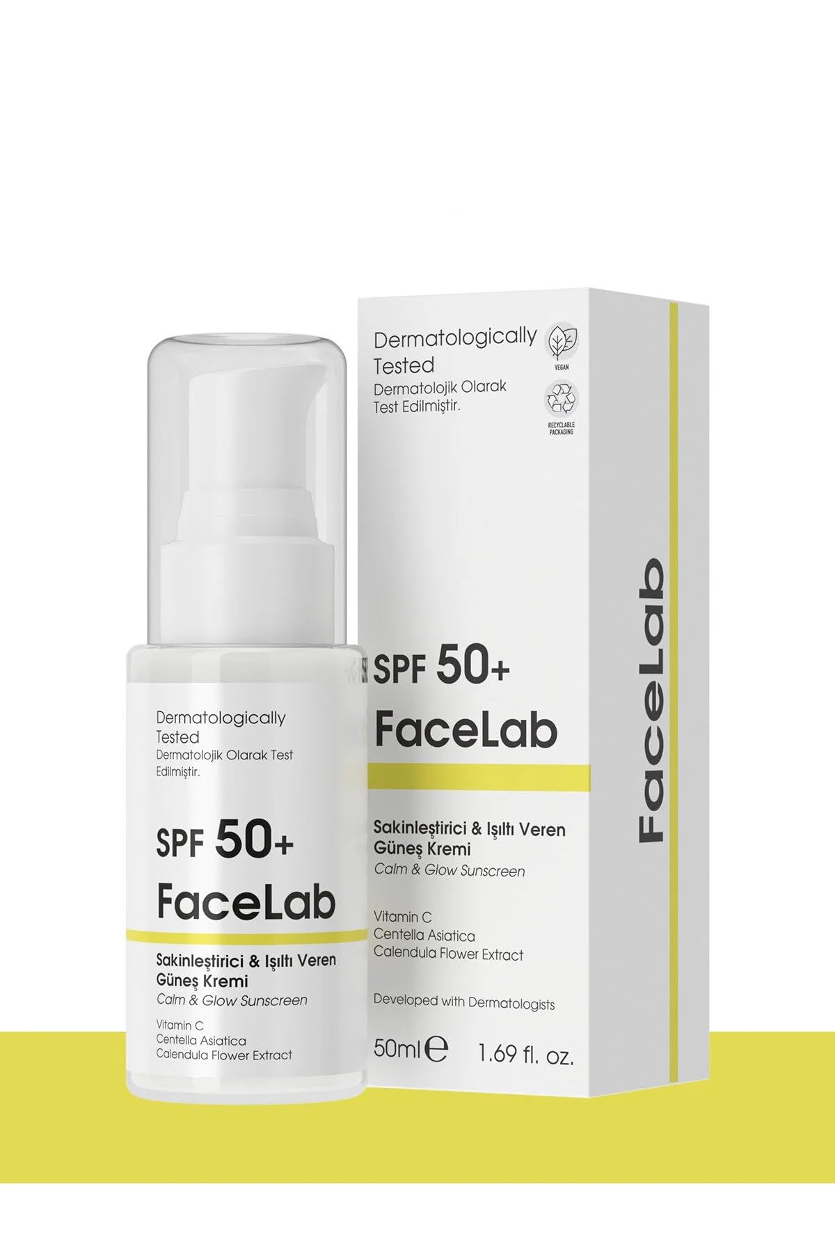 Facelab Sakinleştirici ve Işıltı Veren C Vitamini ve Centella İçerikli SPF 50 ve Güneş Kremi 50 ml