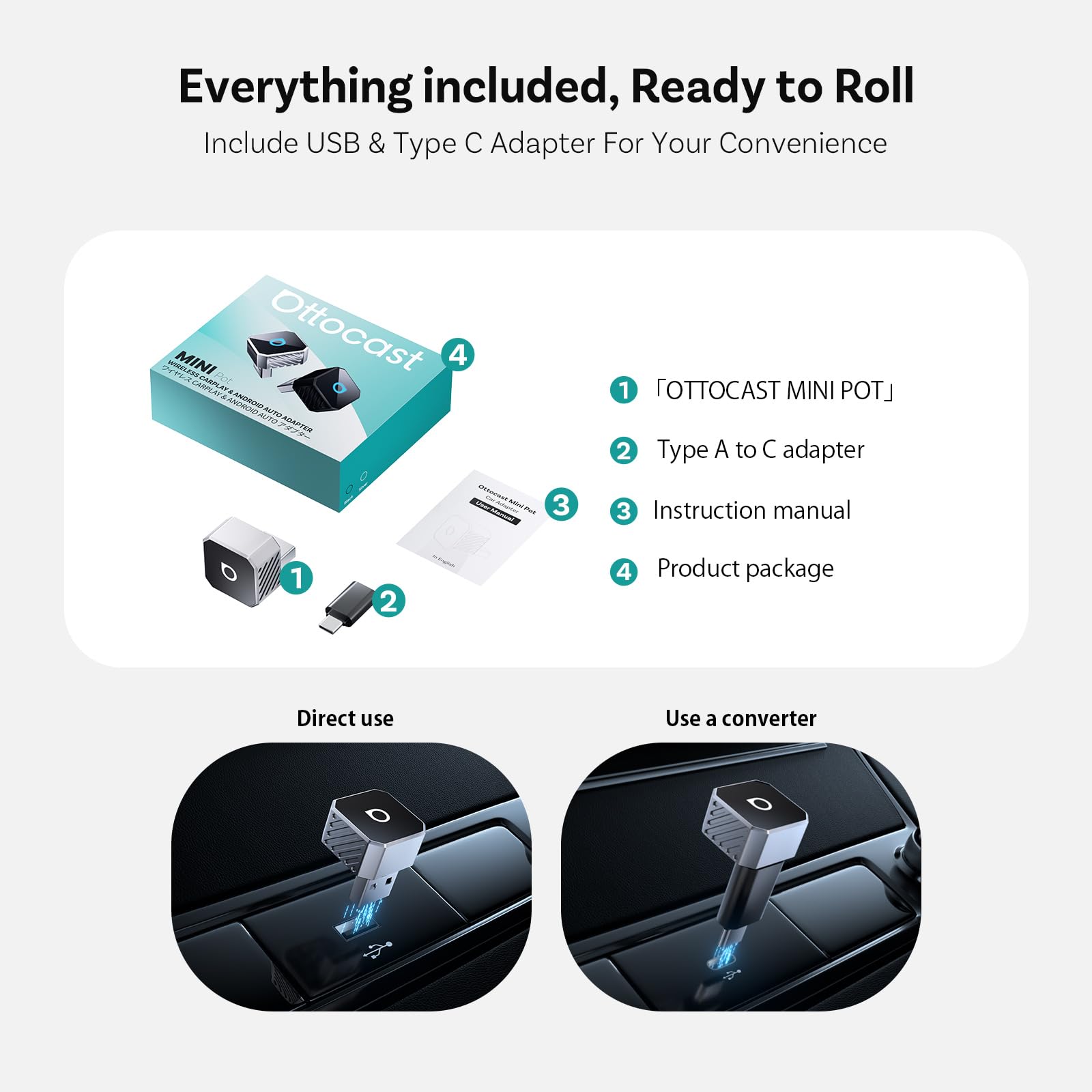 OTTOCAST Mini Pot 2026 Upgraded, 2 w 1 CarPlay i Android Auto Wireless adapter do iOS 10+/Android 11+, Plug & Play, USB/Typ-C, Upgrade, konwertuje przewodowy na bezprzewodowy, srebrny