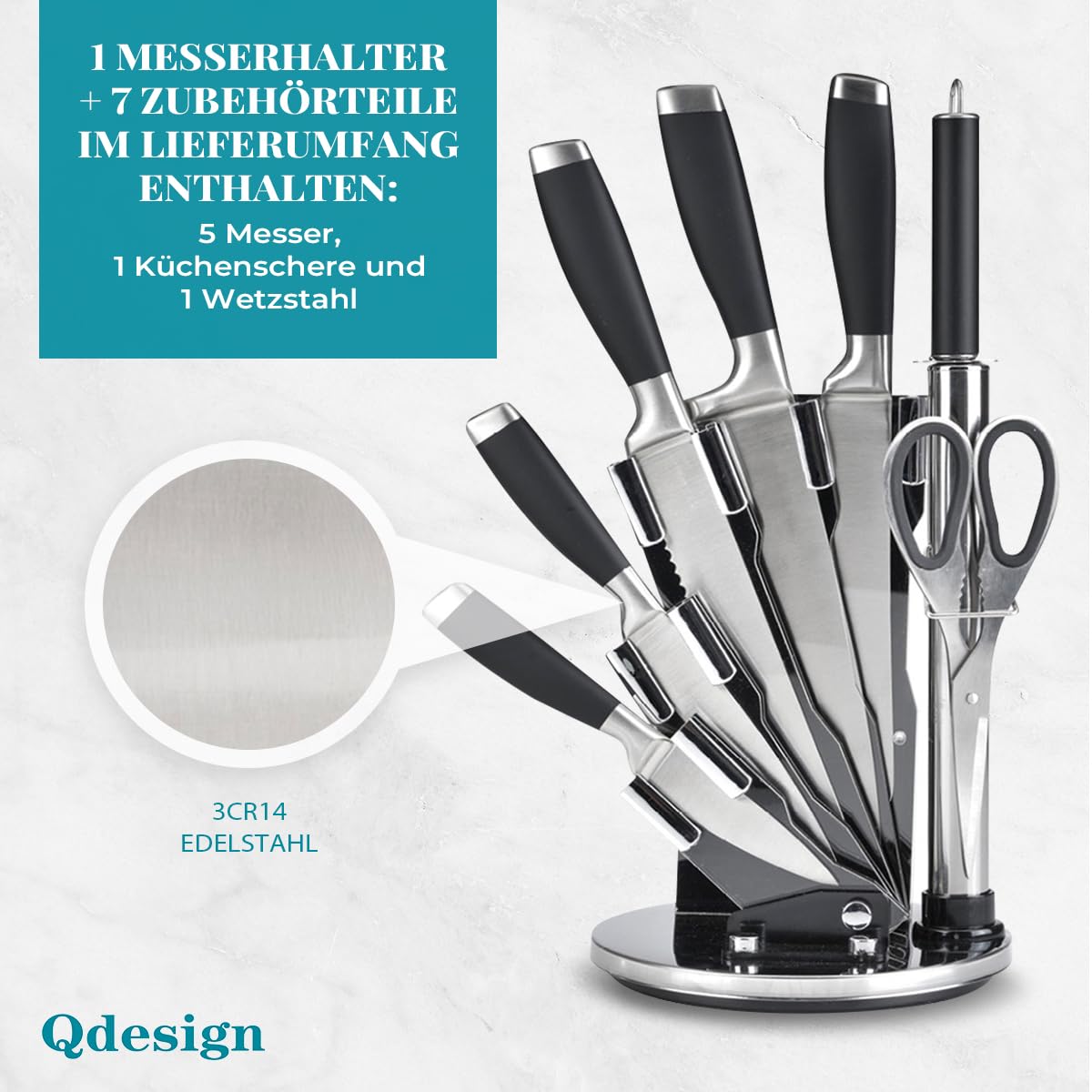QDESIGN 360° drehbarer Messerhalter aus Acryl + 7 Küchenhelfer-Set – Klingen aus 3CR14-Edelstahl + Soft-Touch-Griffe – 5 Messer + Schere + Basisblock + Wetzstahl – Schwarz/Silber
