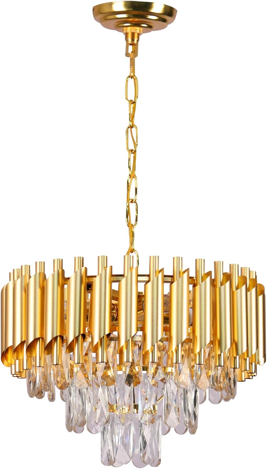 FRIXCHUR Gold Crystal Chandelier, 15.7" 3-Tier Raindrop Pendant Light, 5-Light E12 Modern Adjustable Ceiling Fixture for Dining Room Living Room Kitchen Island Foyer