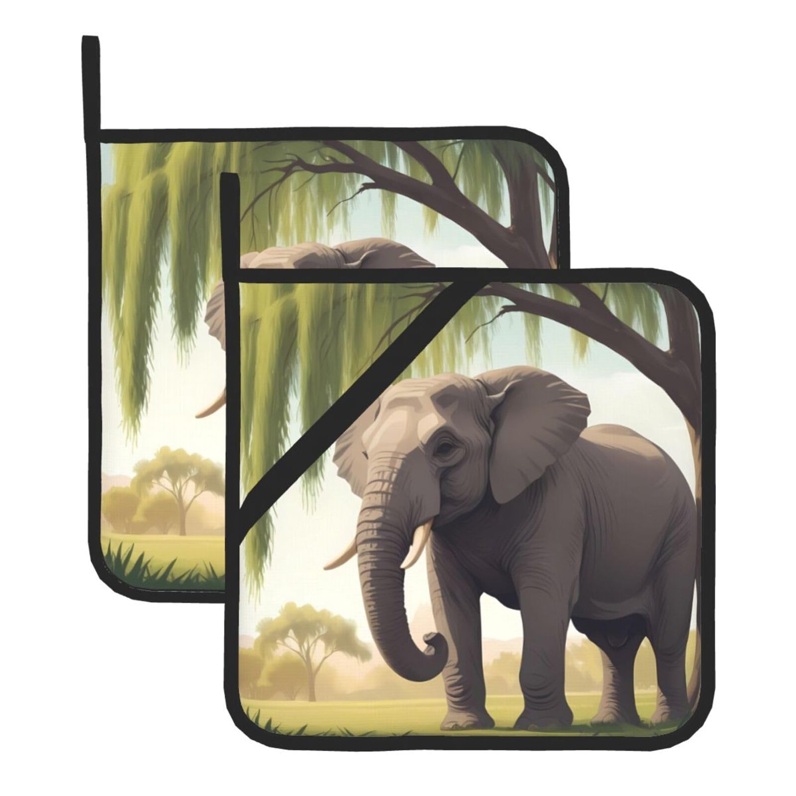 HJFCZH Elephant Under Willow Tree Printed Square Insulated Pot Mat Set (2-Piece) 8x8in Waterproof, Thickened & Easy to Clean with Lanyard Design for Kitchen, Oven & BBQ