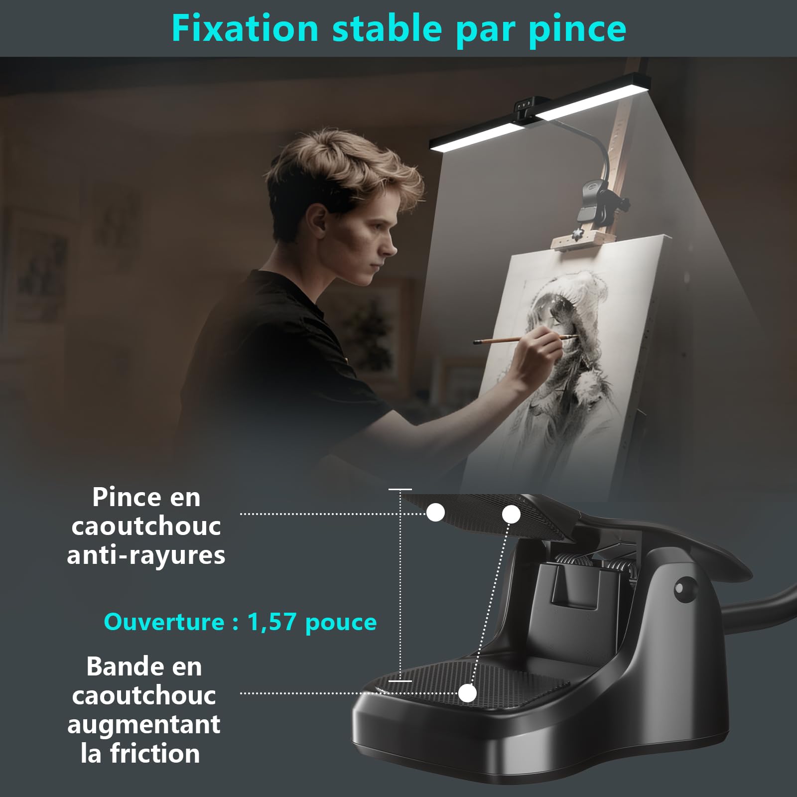 Lampe à Pince pour Chevalet Peinture Rechargeable, 64 LED, 4 Températures de Couleur 3 Niveaux de Luminosité, Lampe de Bureau Sans Fil Chevalet pour Artiste Peinture, Dessin, Contrôle Tactile