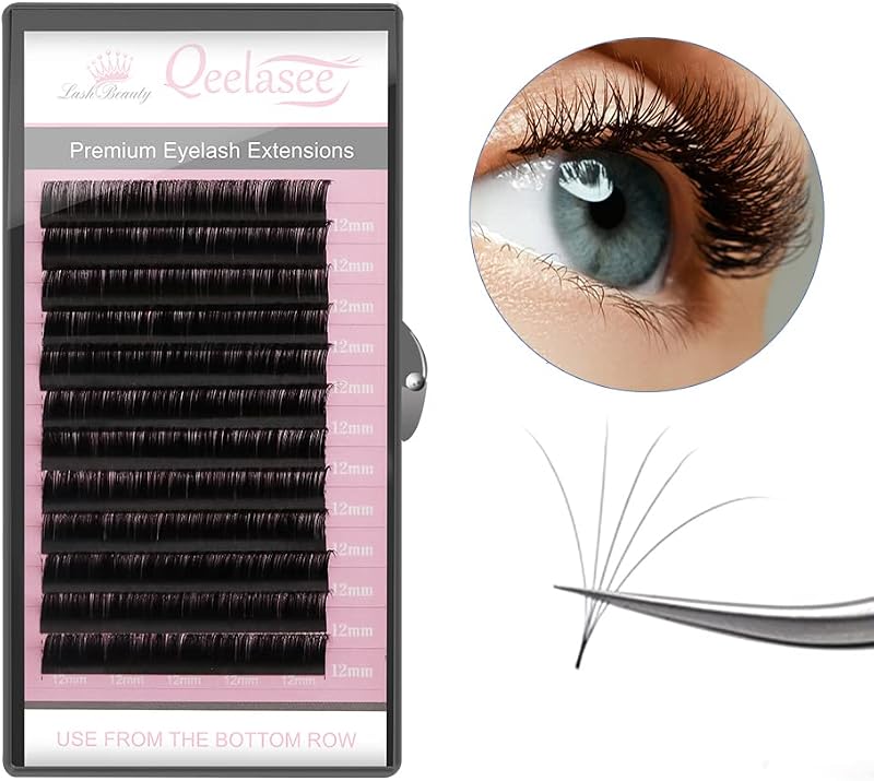 Extensões de cílios individuais Qeelasee em seda sintética, 0,03 mm, curvaturas B, C e D, comprimentos de 8 a 13 mm