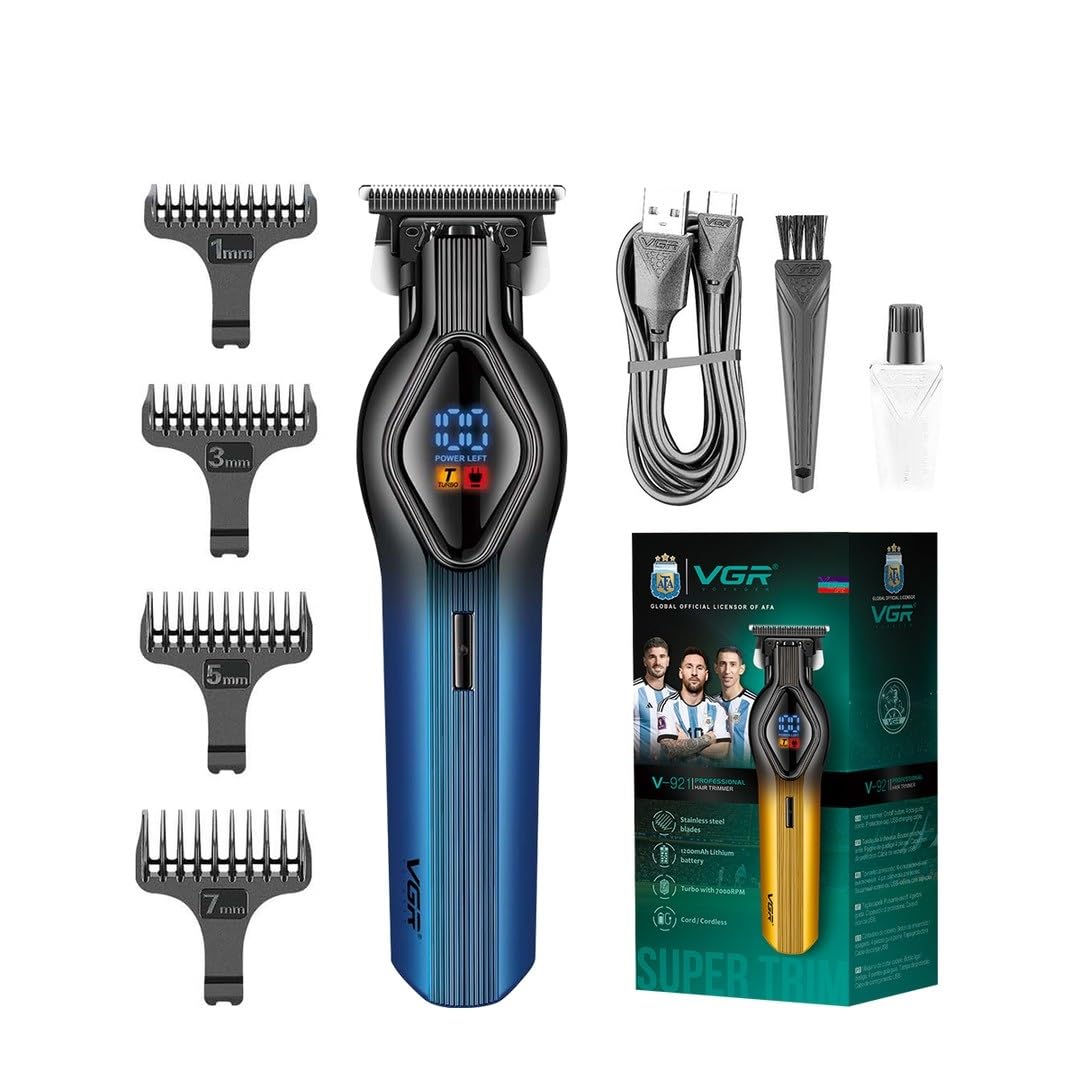 VGR V-921 Professional Digital Display Turbo function 7000RPM Pro Li Outliner Rechargeable Electric Cordless Hair Clipper Grooming Kit T-Blade Close Cutting 0mm Bald Head Clipper 200 min Runtime, BLUE