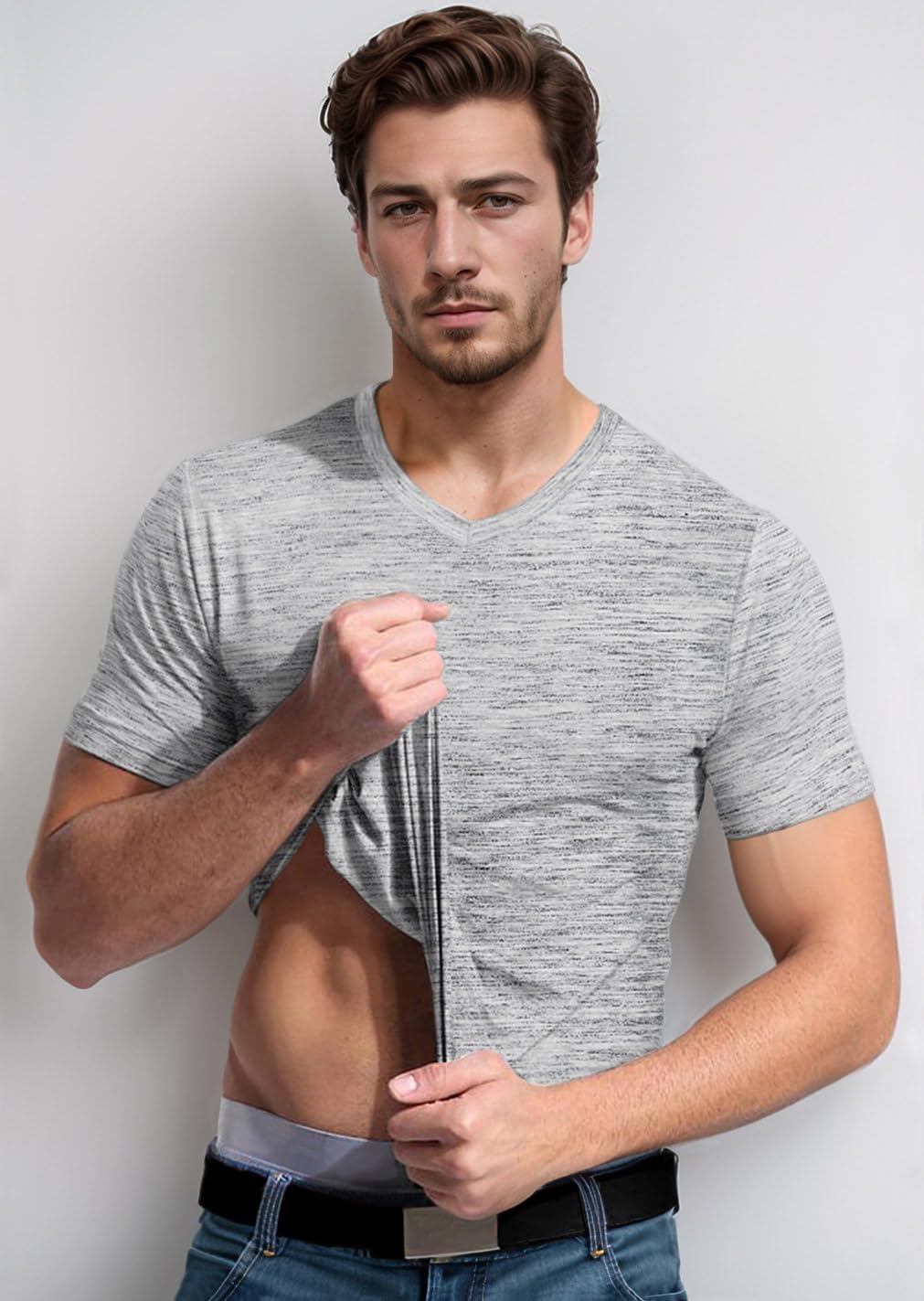 Mens V Neck T Shirts Casual Stylish Graphic Stretch Short Sleeve T-Shirt Cotton Tee... - Image 2