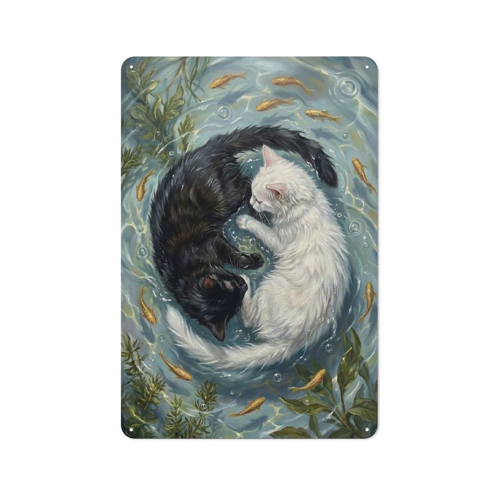 Country Country Metal Sign 30x20cm Featuring Yin Yang Cats And Goldfish Painting, Rustic Kitchen Decor for Cottage, Kitchen, Hallway Or Breakfast Nook
