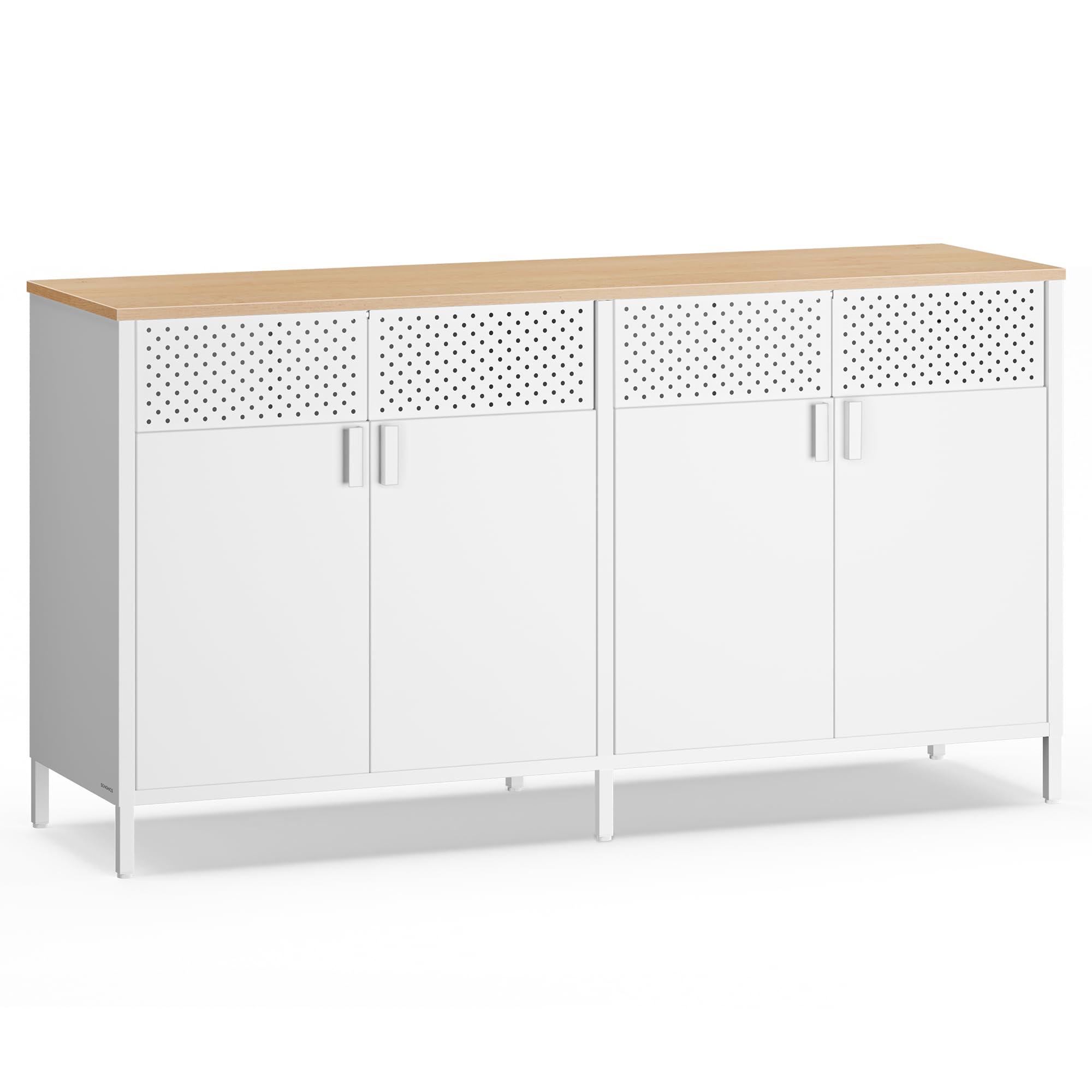 SONGMICS Aufbewahrungsschrank, Metallschrank, mit 4 Türen, Magnetverschluss, Verstellbarer Einlegeboden, Stahlgestell, 40 x 141 x 76 cm, wolkenweiß-eichenbeige LSC205WC01