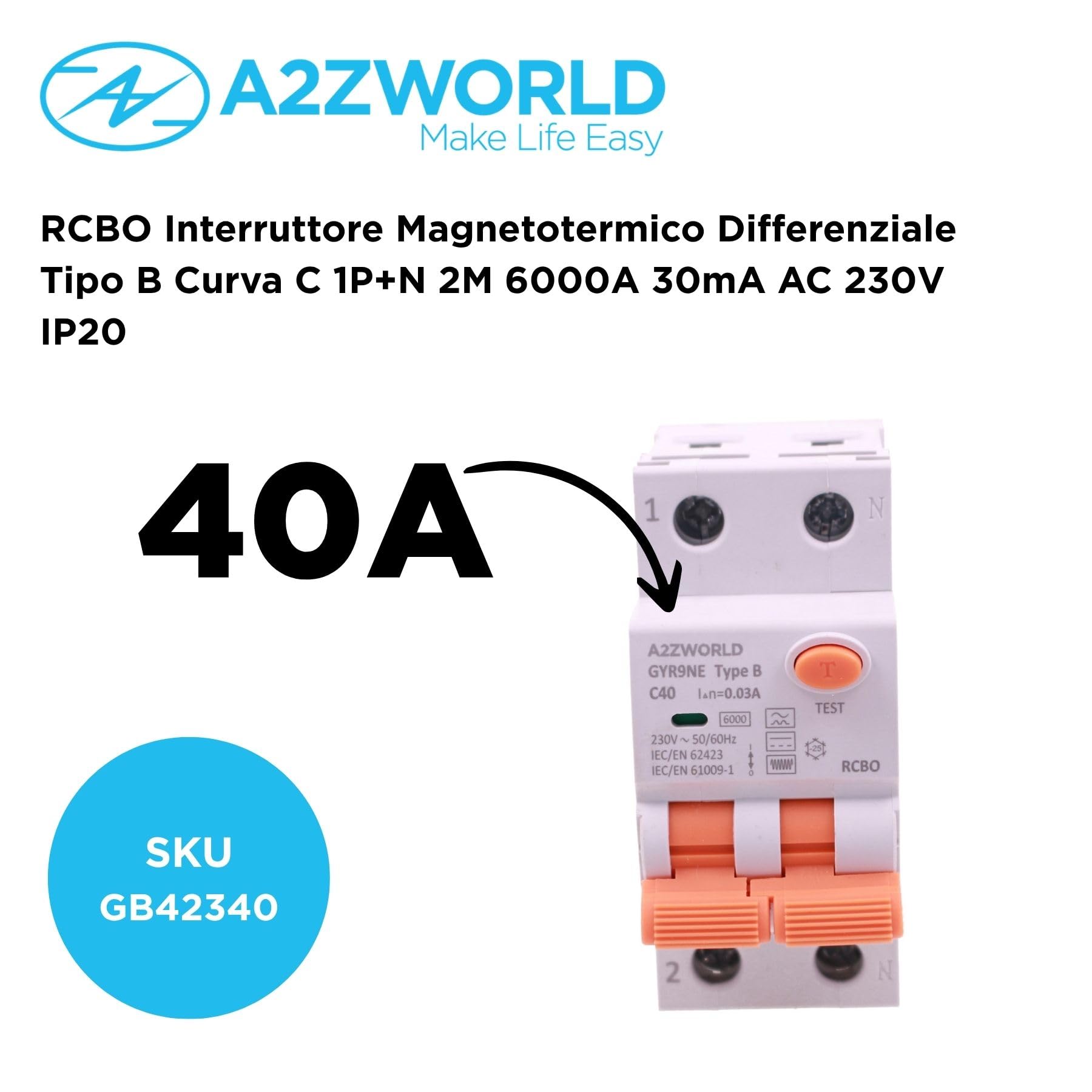 Interruptor Diferencial Magnetotérmico Tipo B Reinicio Automático C40A, RCBO Salvavidas Clase B Curva C Reiniciable, 1P+N 6kA 30mA 0.03A, 3 Módulos DIN, 3 Intentos (10s/60s/300s)
