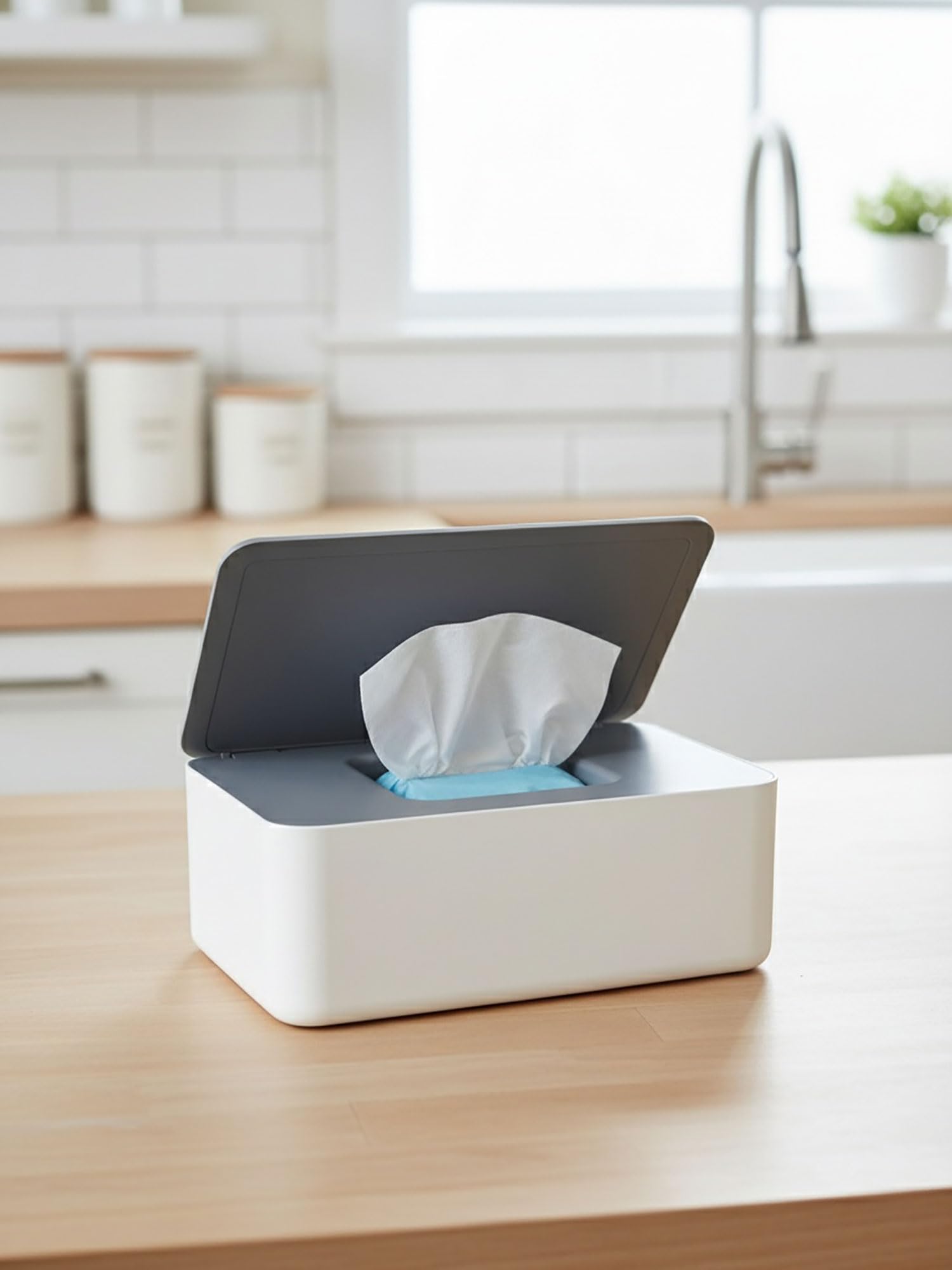 Wet Wipe Dispenser with Lid - Large Capacity for Home, Office & Cars, Gray+White - 5