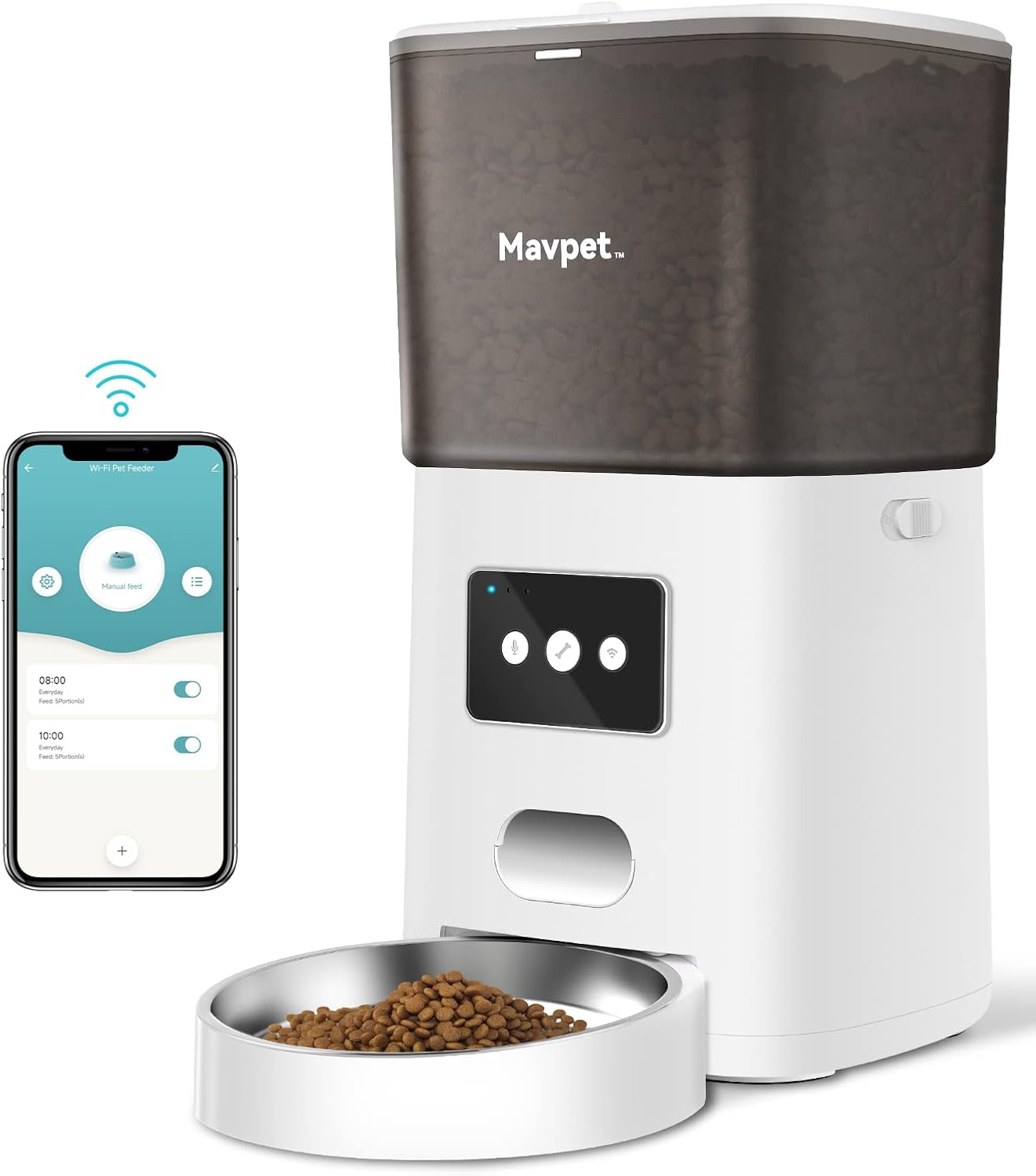 Mavpet 6L Automatic Pet Feeder with smartphone showing app interface