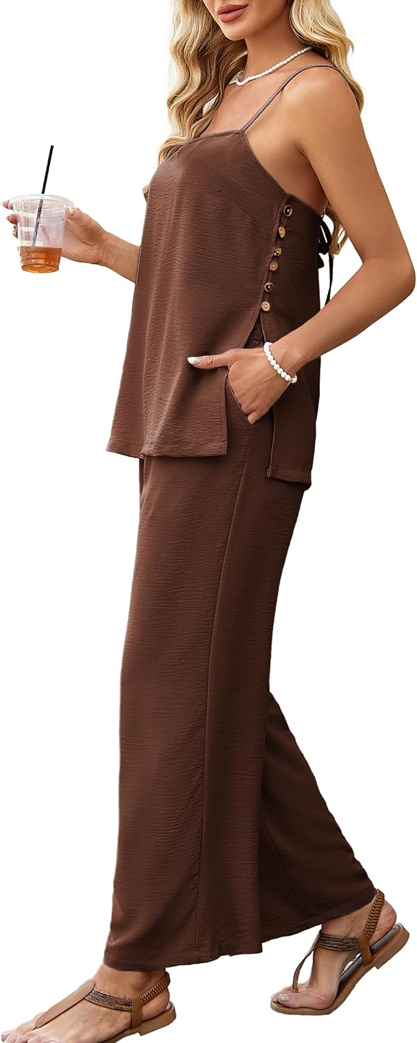 Kikibell Women 2 Piece Outfits Summer Travel Beach Vacation Faux Linen Sets Spaghetti Strap Tank Top Pants Set with Pockets