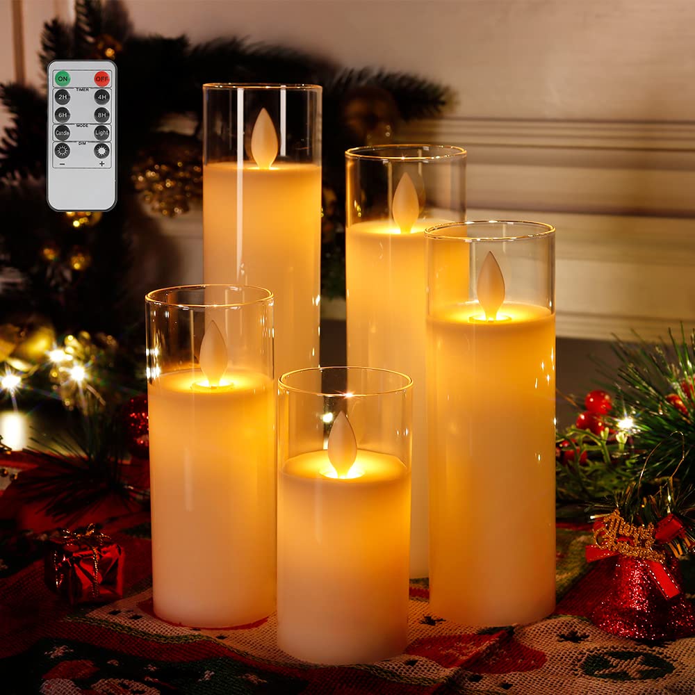 JHY DESIGN Flameless Candles Set 4"/5"/6"/7"/8" High Real Wax Battery Candle Pillars Flickering LED Candles with 8-Key Remote Control Timers for Home Wedding Party Decoration (Set of 5)
