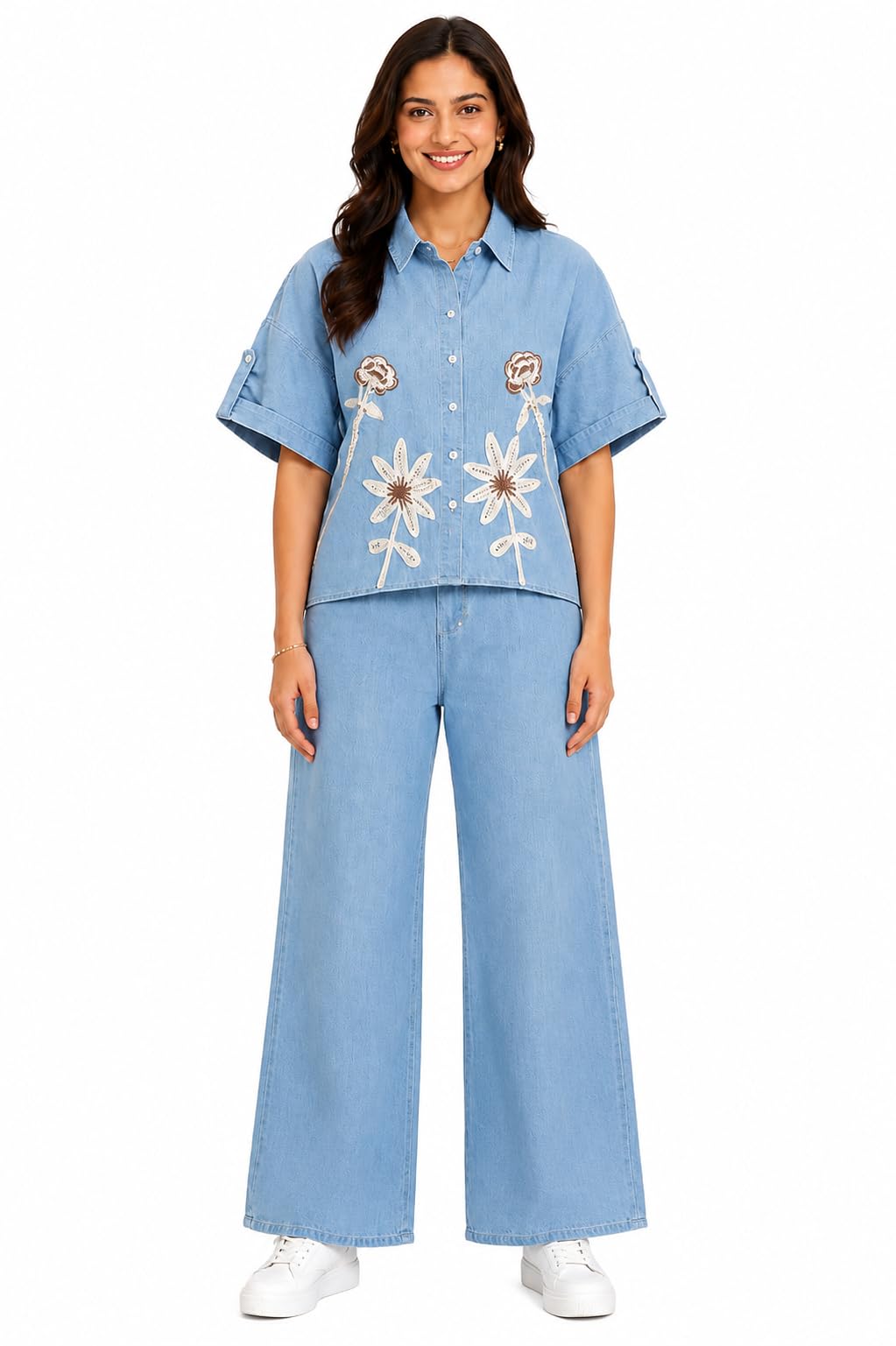Women's Denim Floral Embroidered Co-Ord Set with Wide Leg Pants-picture-50