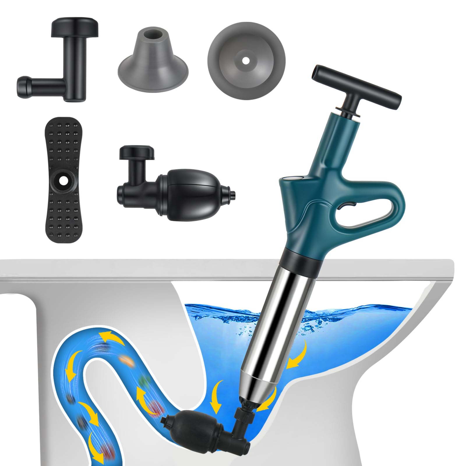 Stura Lavandini e Scarichi, Sturatubi Aria Compressa con barometro, Sturalavandini a Pressione con Quattro Diverse Ventose per Bagni Servizi Igienici Lavabi