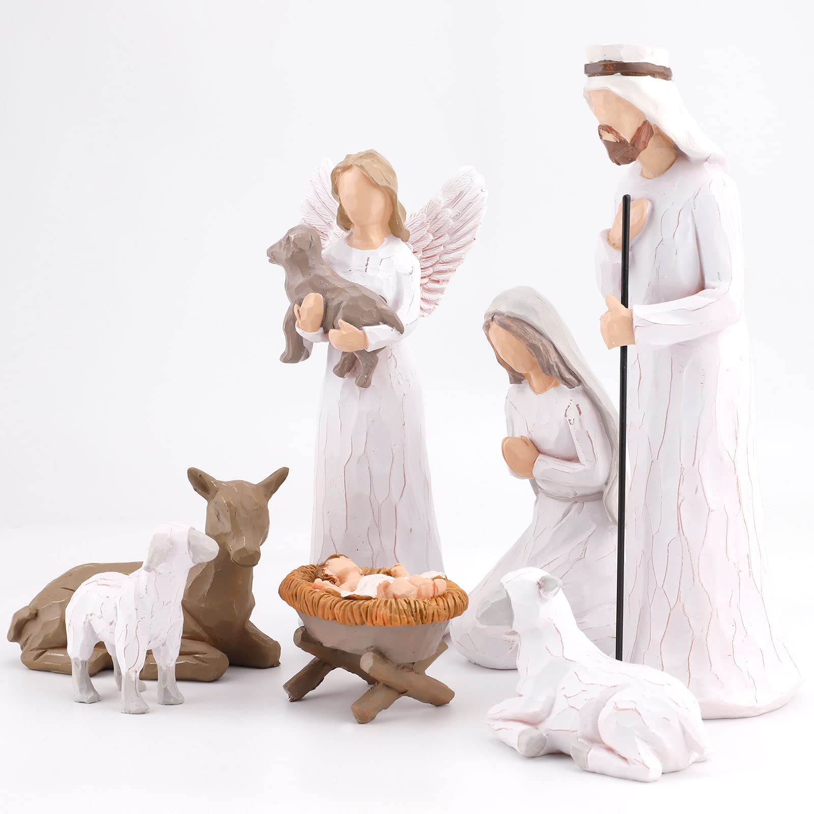 Krippenfiguren Set, Handbemalte Krippenfiguren, 7 Krippe Handbemalte Harzfiguren, JesusBaby, Maria, Josef, Esel, Engel und Zwei Schafe, Weihnachtsdeko Geschenke