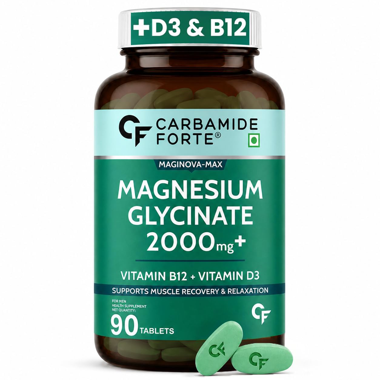 Carbamide Forte Magnesium Glycinate 2000mg Supplement | Magnesium Supplement with Vitamin D3 & B12 | High Absorption Tablets for Muscle Recovery, Sleep, Bone & Nerve Health | 90 Veg Tablets