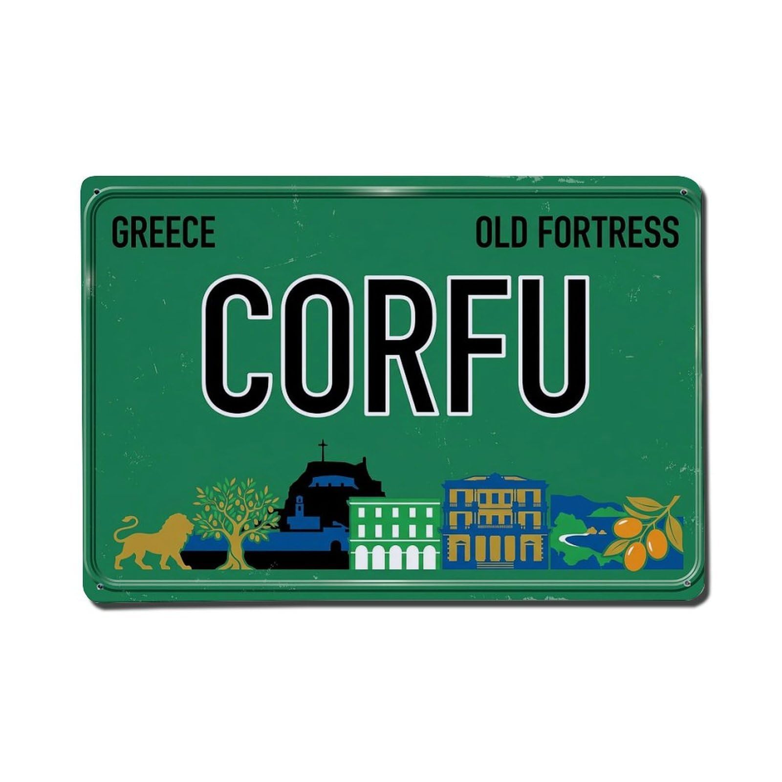 Cwbufd 8X12inch(20X30cm) Vintage Travel Corfu Greece Fortress Beach Metal Tin Sign Plaque Wall Decor For Cafe, Club Bar, Office, Garden Metal Poster 8X12inch