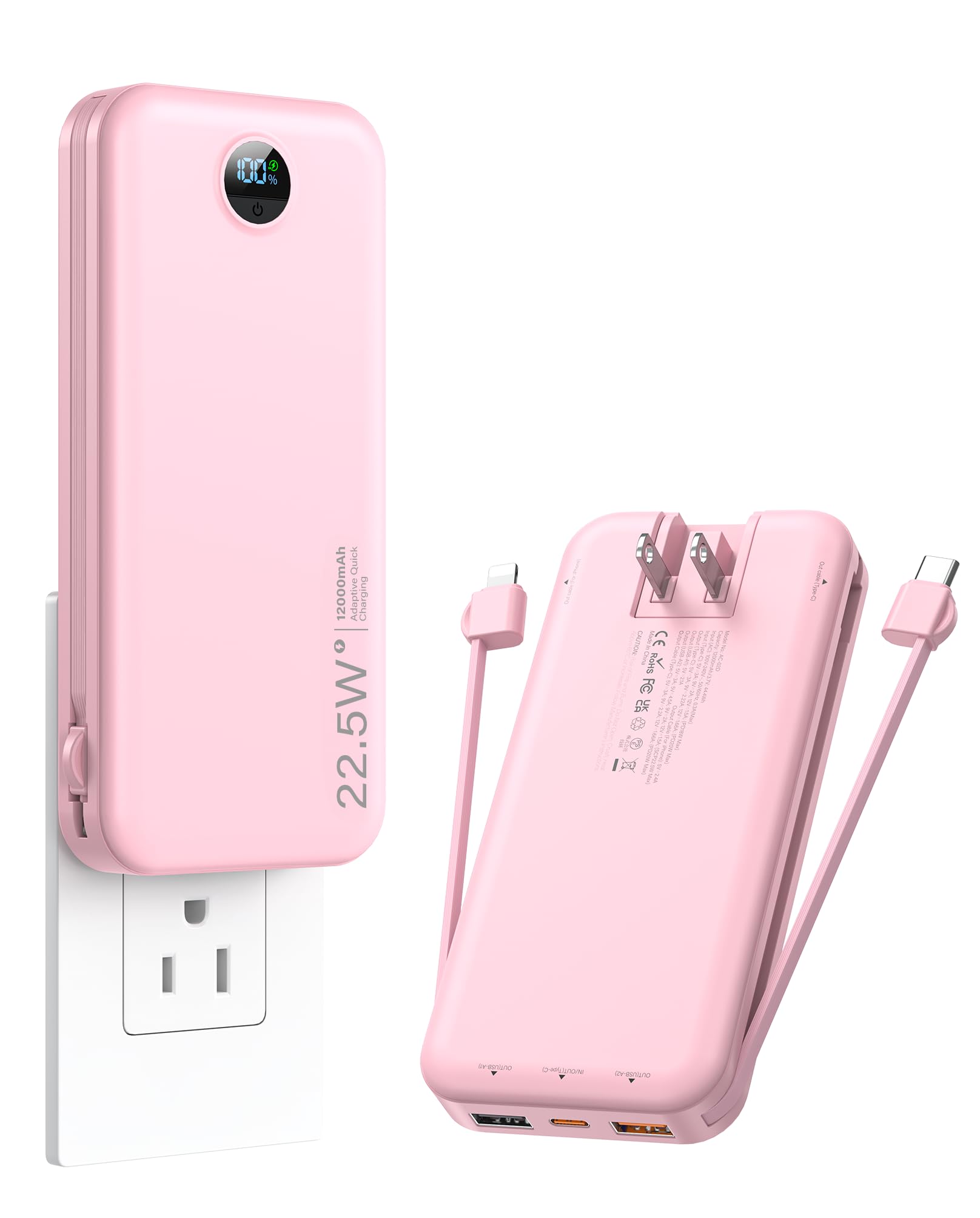 Portable Charger 12000mAh 22 5W Fast Charging Power Bank with Built-in Cables Wall Plug External Battery Pack with