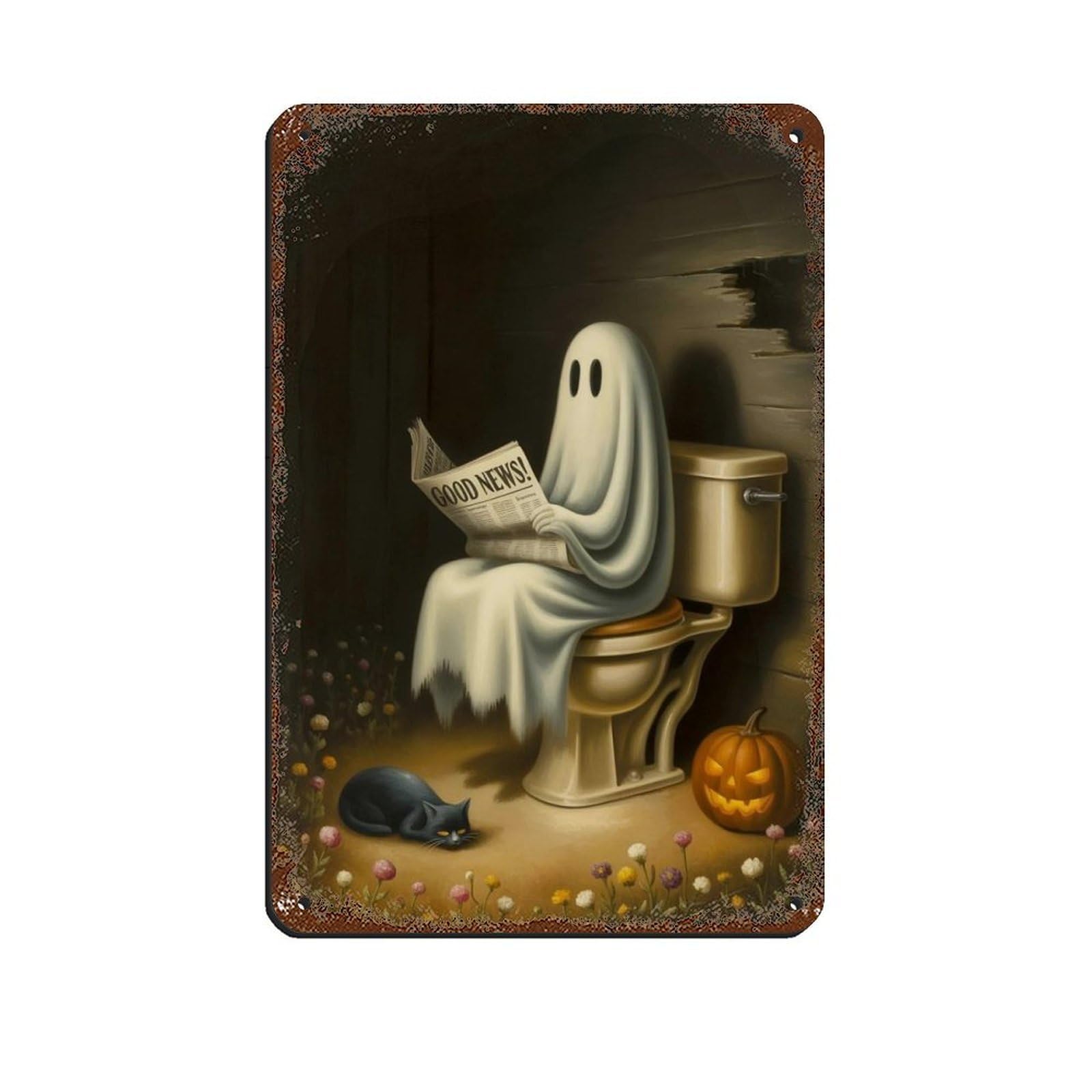 Ghost Reading A Newspaper on Toilet Poster (4) Tin Sign Vintage Metal Pub Club Cafe Bar Home Wall Art Decoration Poster Retro 8x12inch(20x30cm)