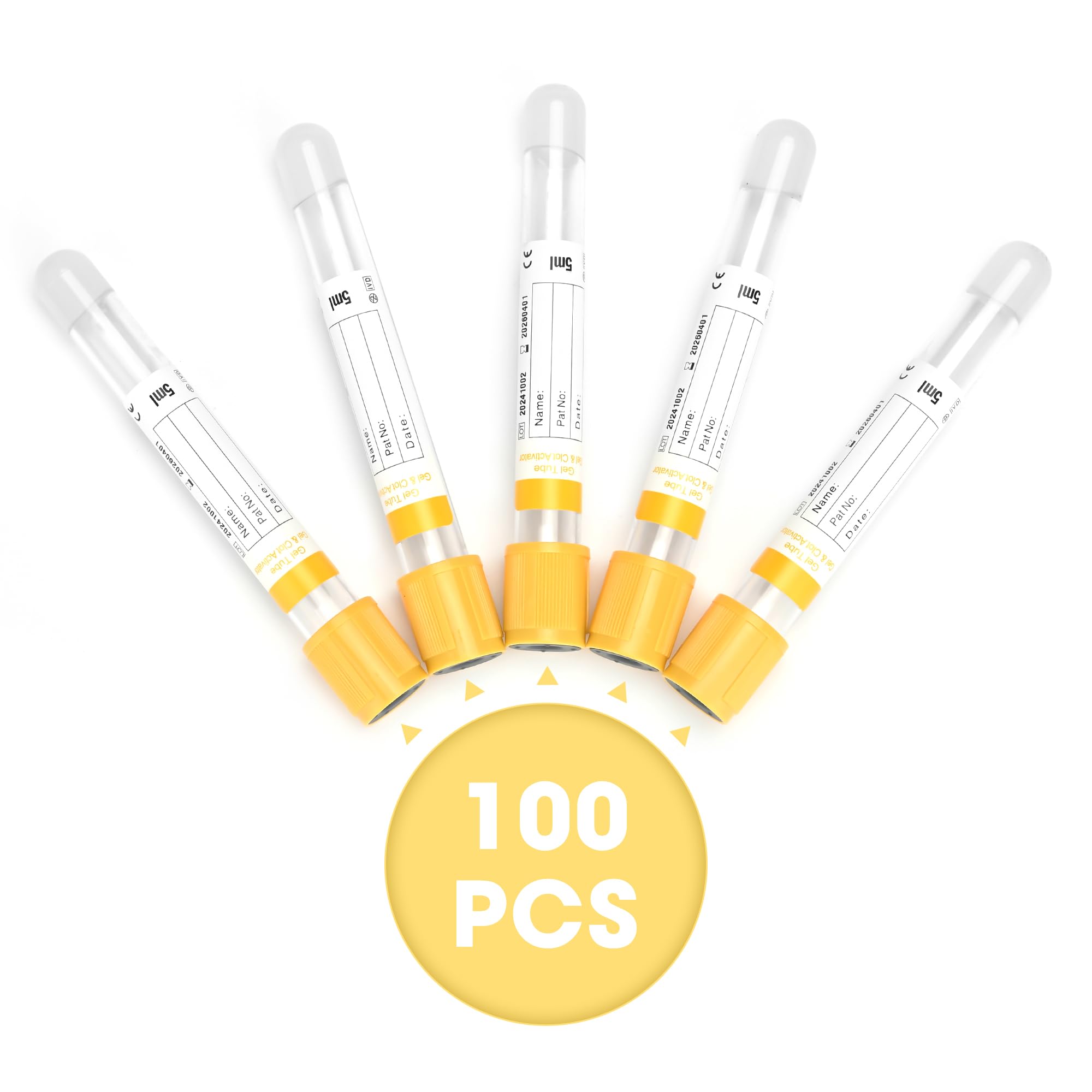 Vacutainer - Tubos de recolección de sangre de 5 ml, tubo de coágulo de gel, tubo de recogida al vacío para tubos de ensayo de laboratorio, animales de mascotas, veterinarios, 100 unidades