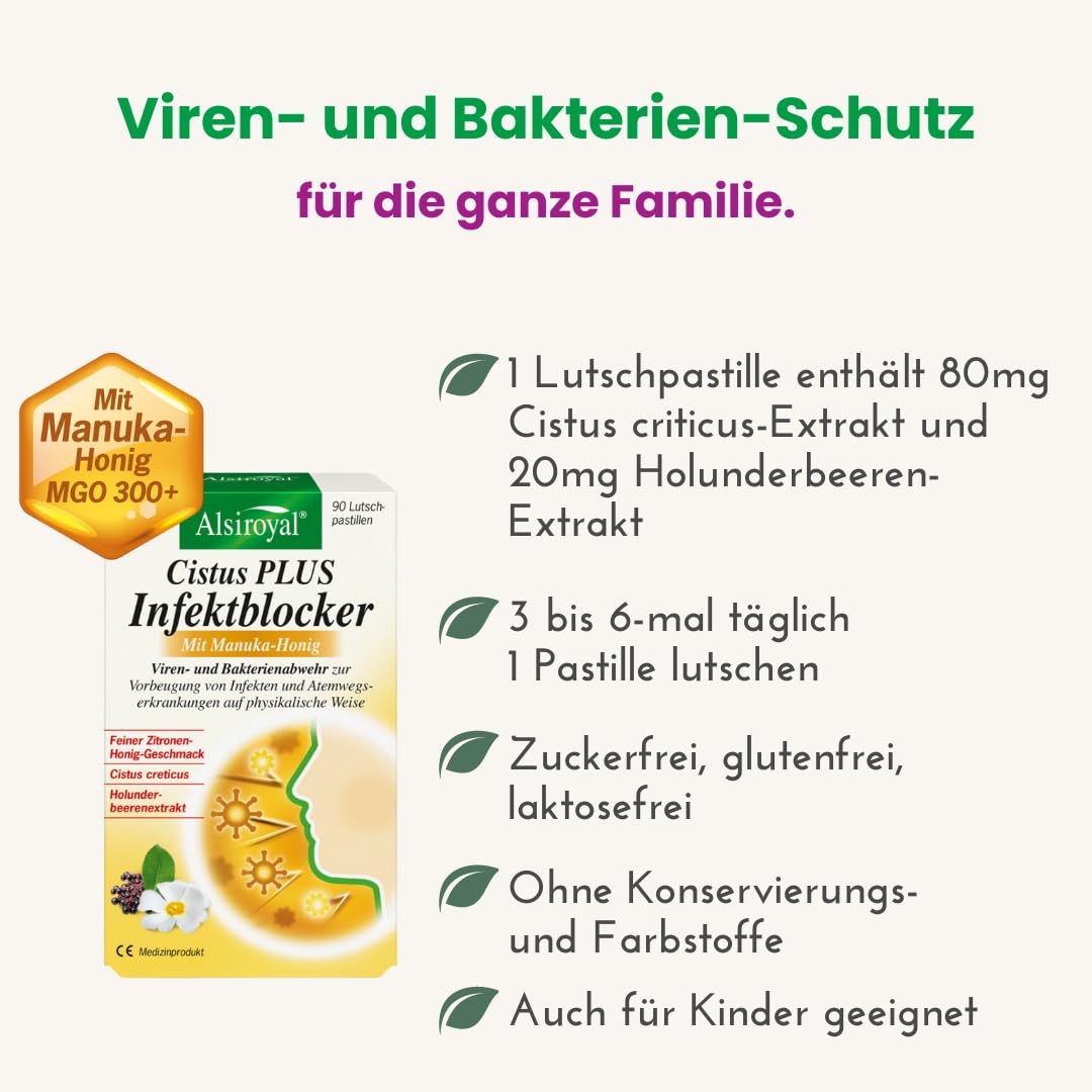 Alsiroyal Cistus Plus Infektblocker mit Manuka Honig - 90 Stück - Lutschpastillen mit Cistus Creticus und Holunderextrakt fruchtig frischer Geschmack für Kinder ab 6 Jahren und Erwachsene